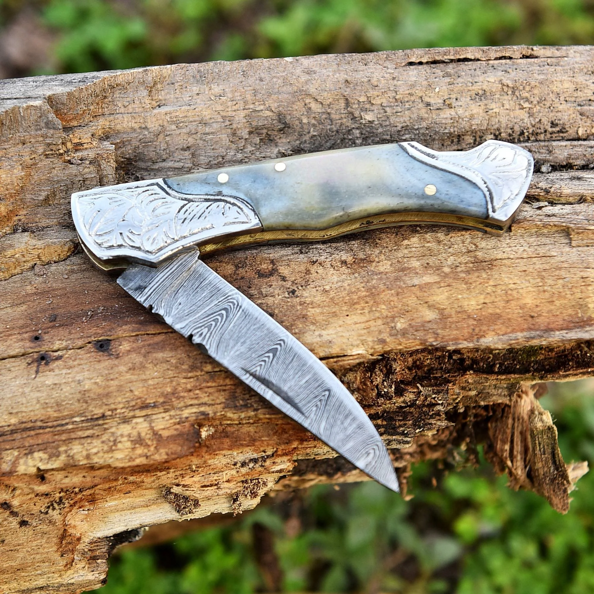 Back Lock 8" Handmade Damascus Steel Pocket Knife Bone Handle Folding Knife x-750 - Image 4