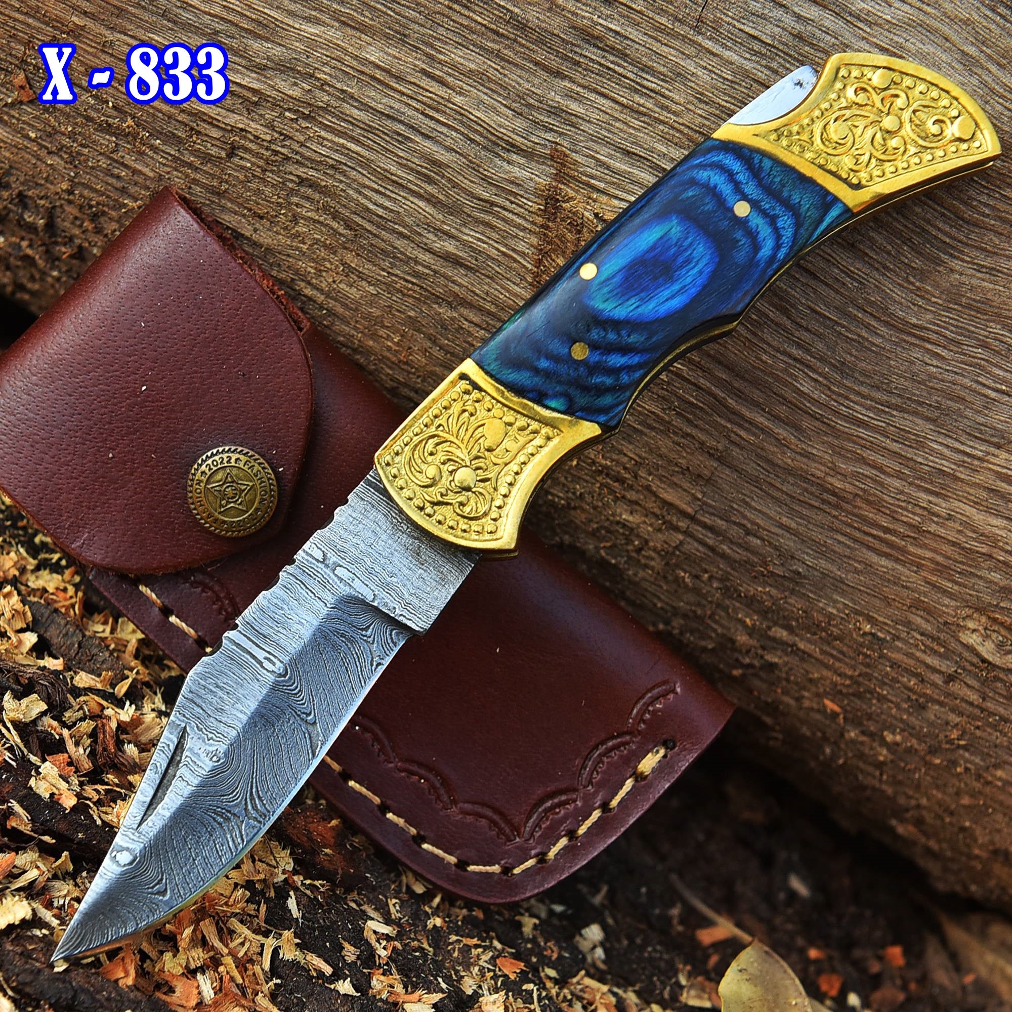 Custom Damascus Steel Folding Outdoor Pocket Knife EDC With Sheath - Image 2