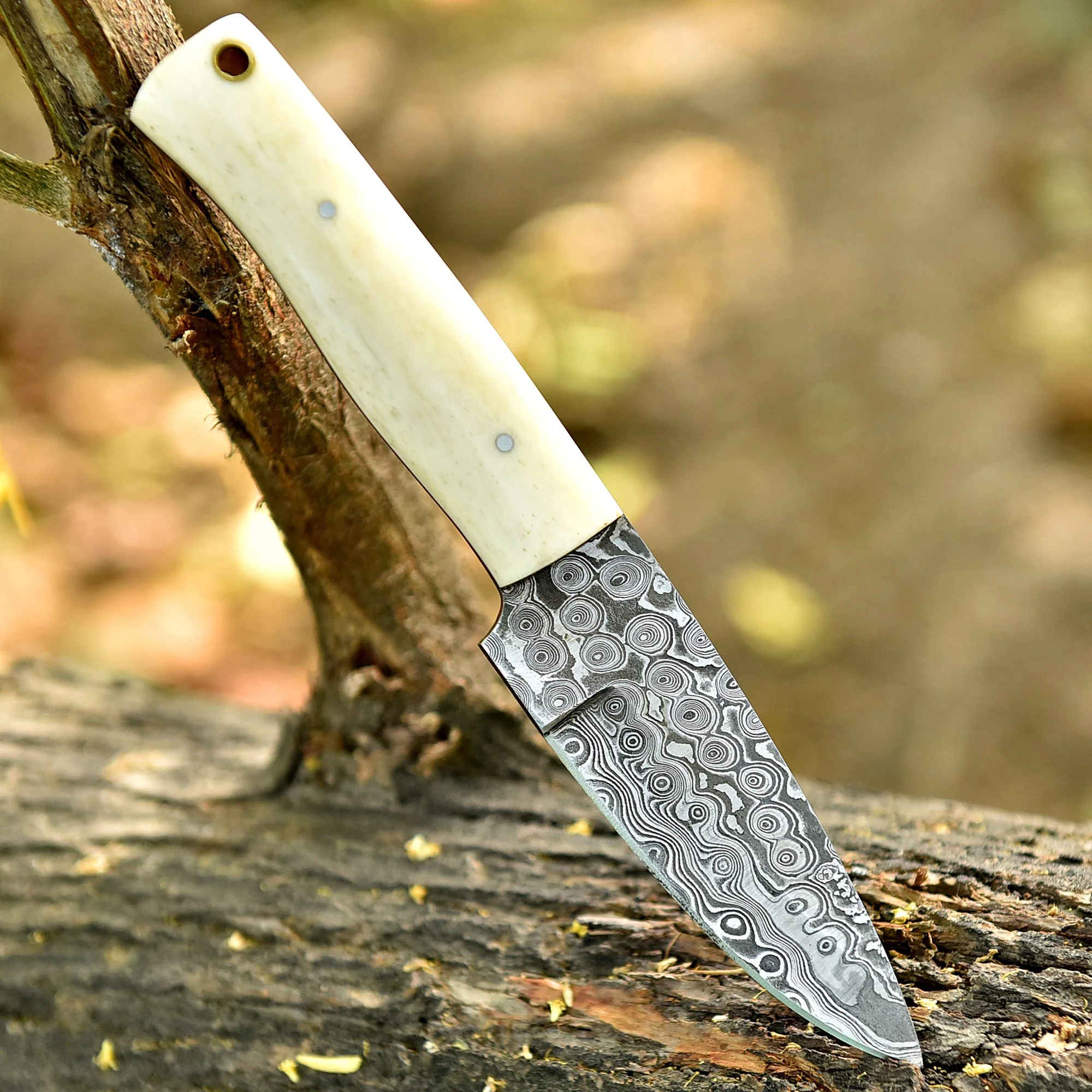 Custom Damascus Steel Skinner Hiking Camping Hunting Knife Camel Bone Handle - Image 3