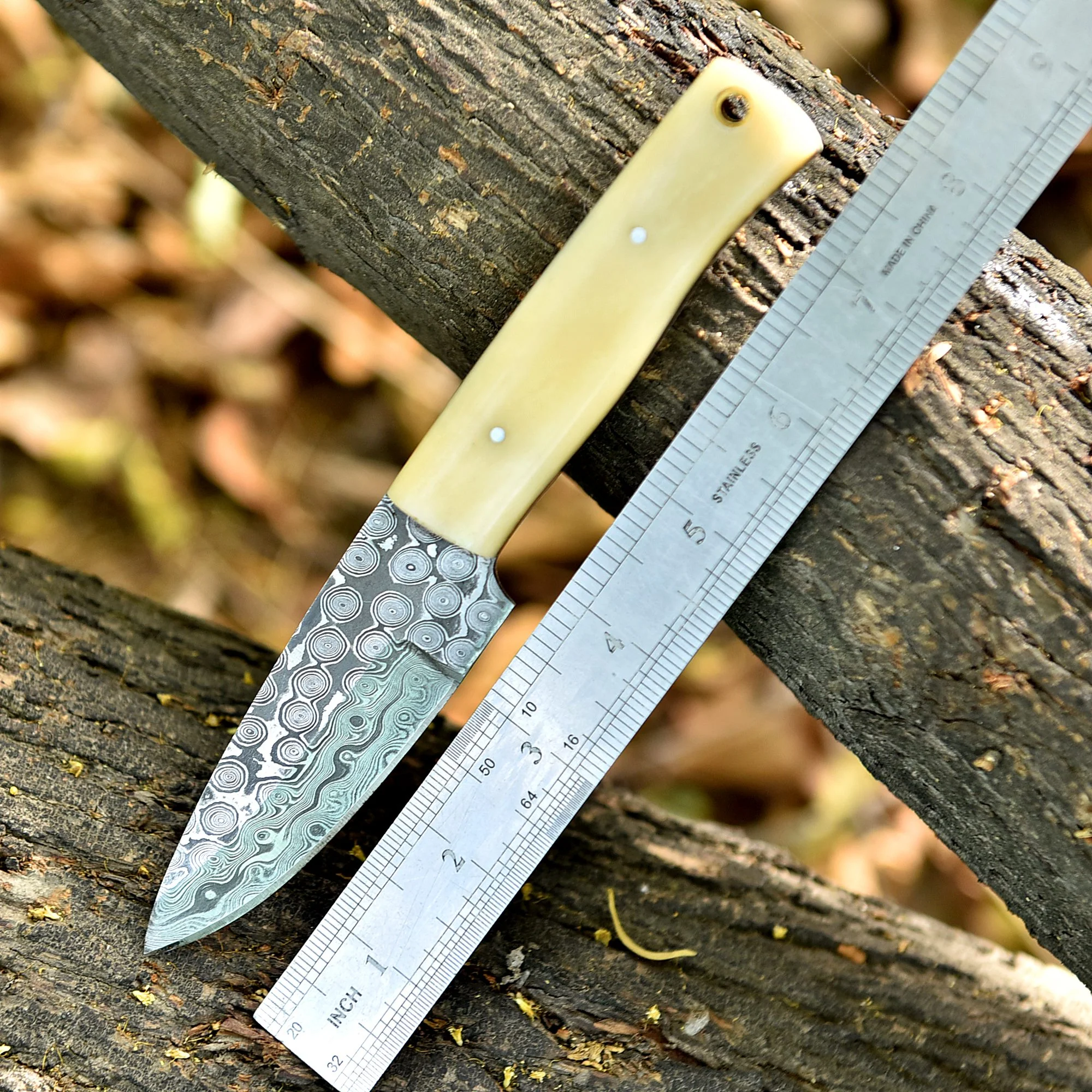 Custom Damascus Steel Skinner Hiking Camping Hunting Knife Camel Bone Handle - Image 4