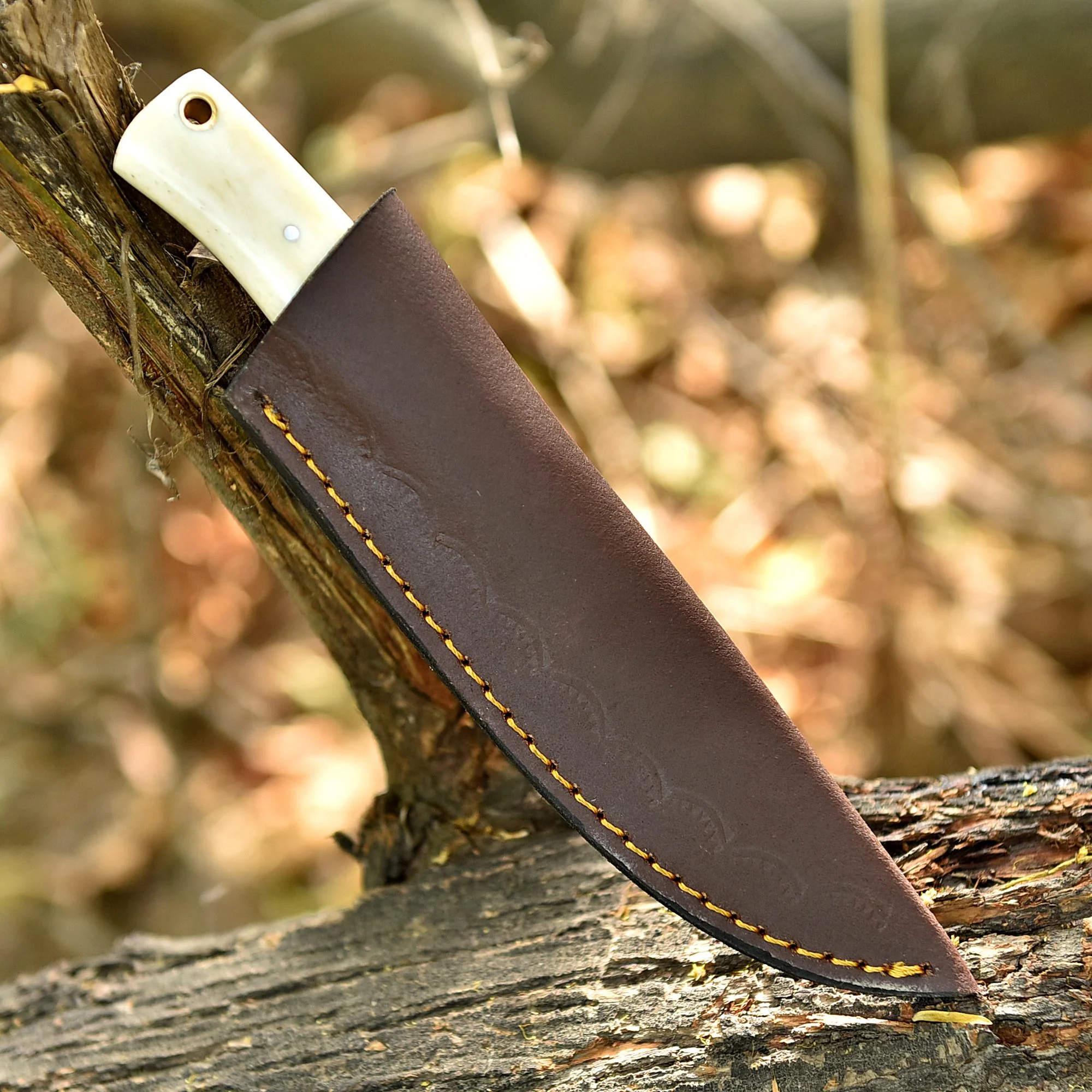 Custom Damascus Steel Skinner Hiking Camping Hunting Knife Camel Bone Handle - Image 5