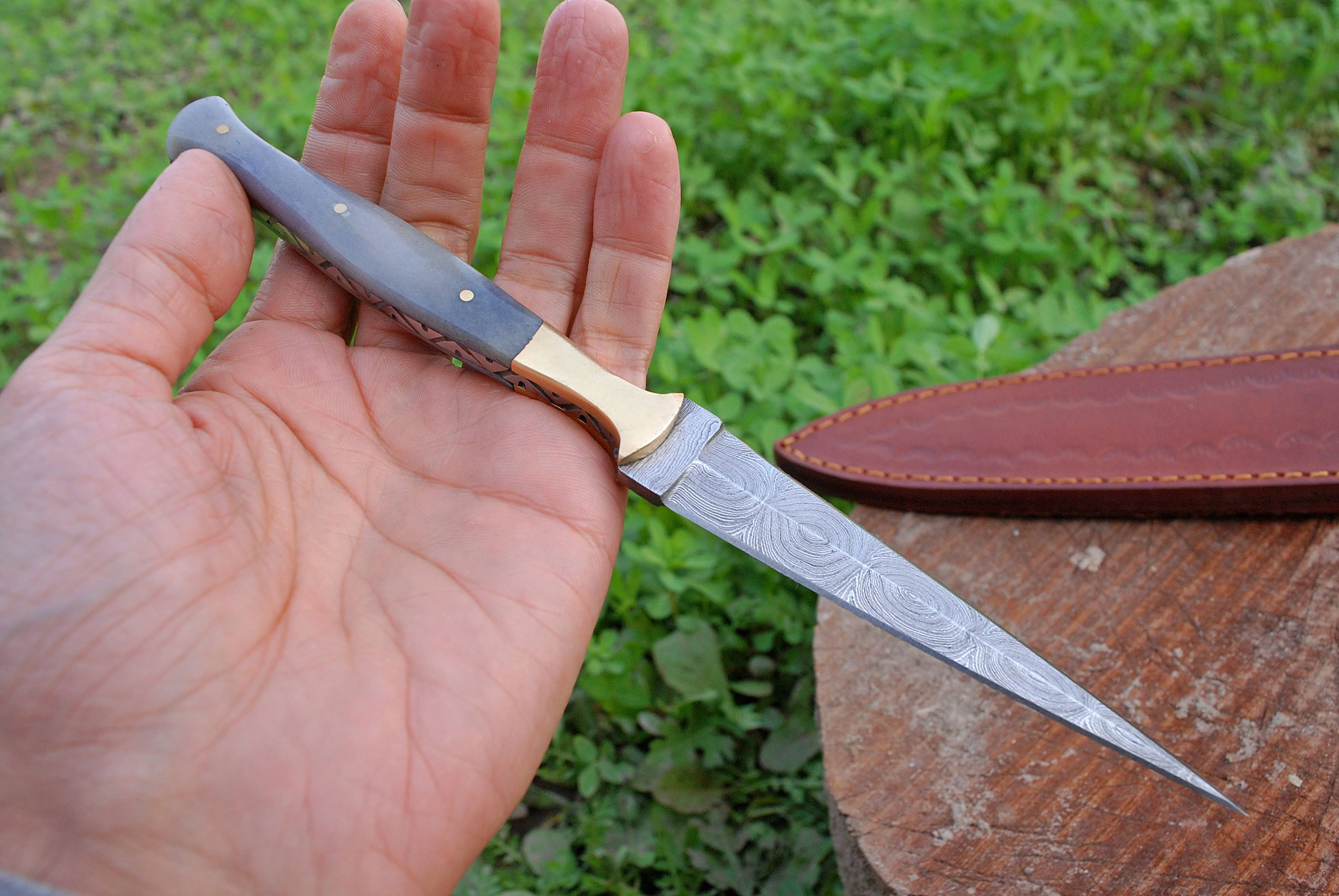 Custom Hand Forged Damascus Steel Double Edge Dagger Camel Bone Handle - Image 9