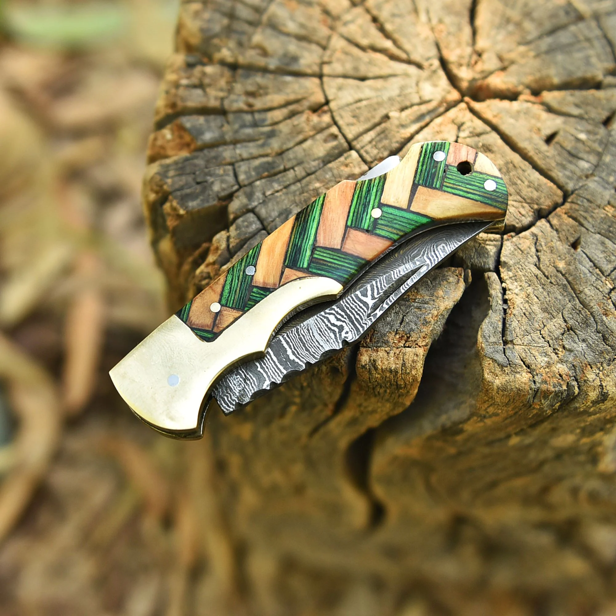 Custom Hand Forged Damascus Steel Folding Blade Knife EDC Cross Wood Handle - Image 5