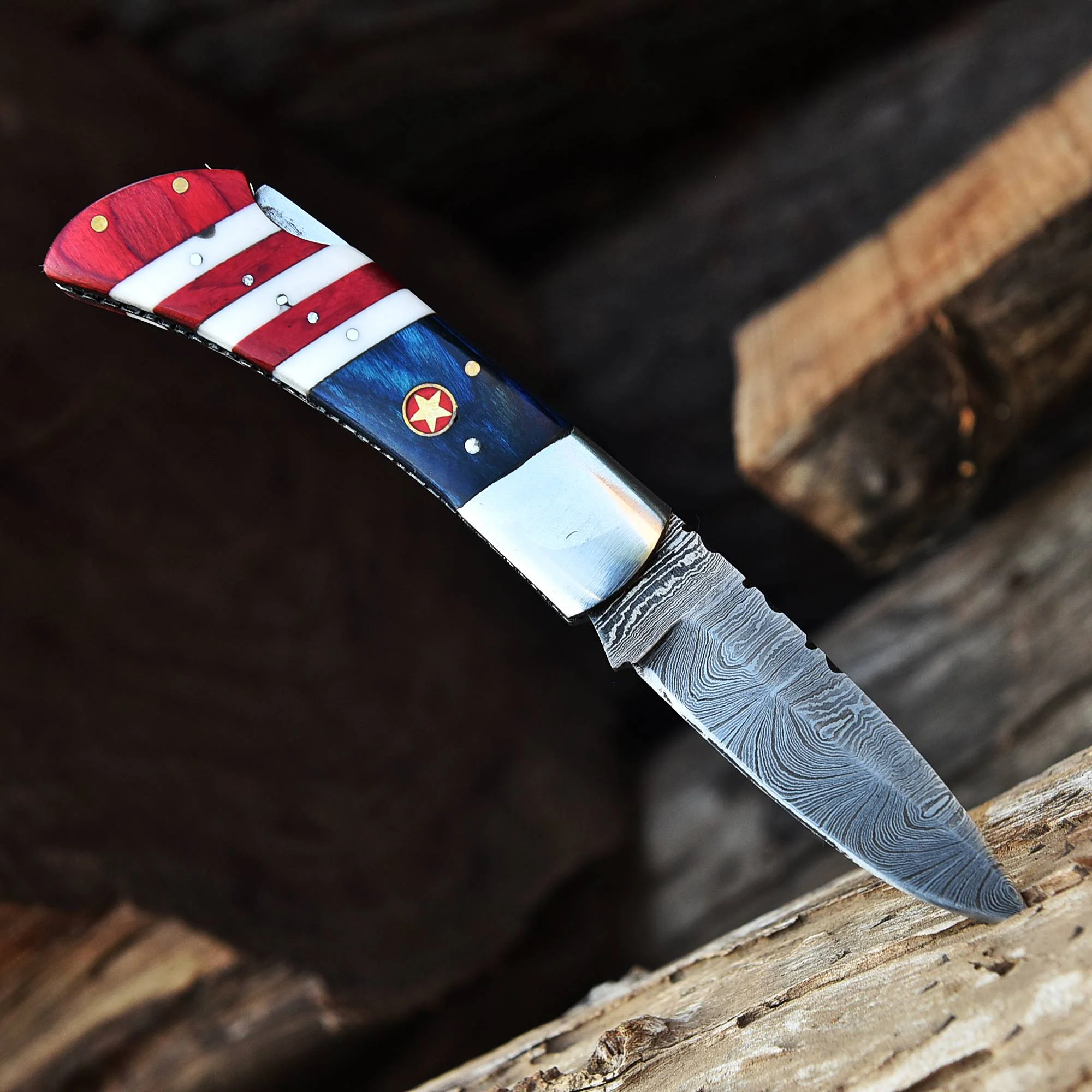 Custom Hand Forged Damascus Steel Folding Blade Pocket Knife-Flag Handle - Image 3