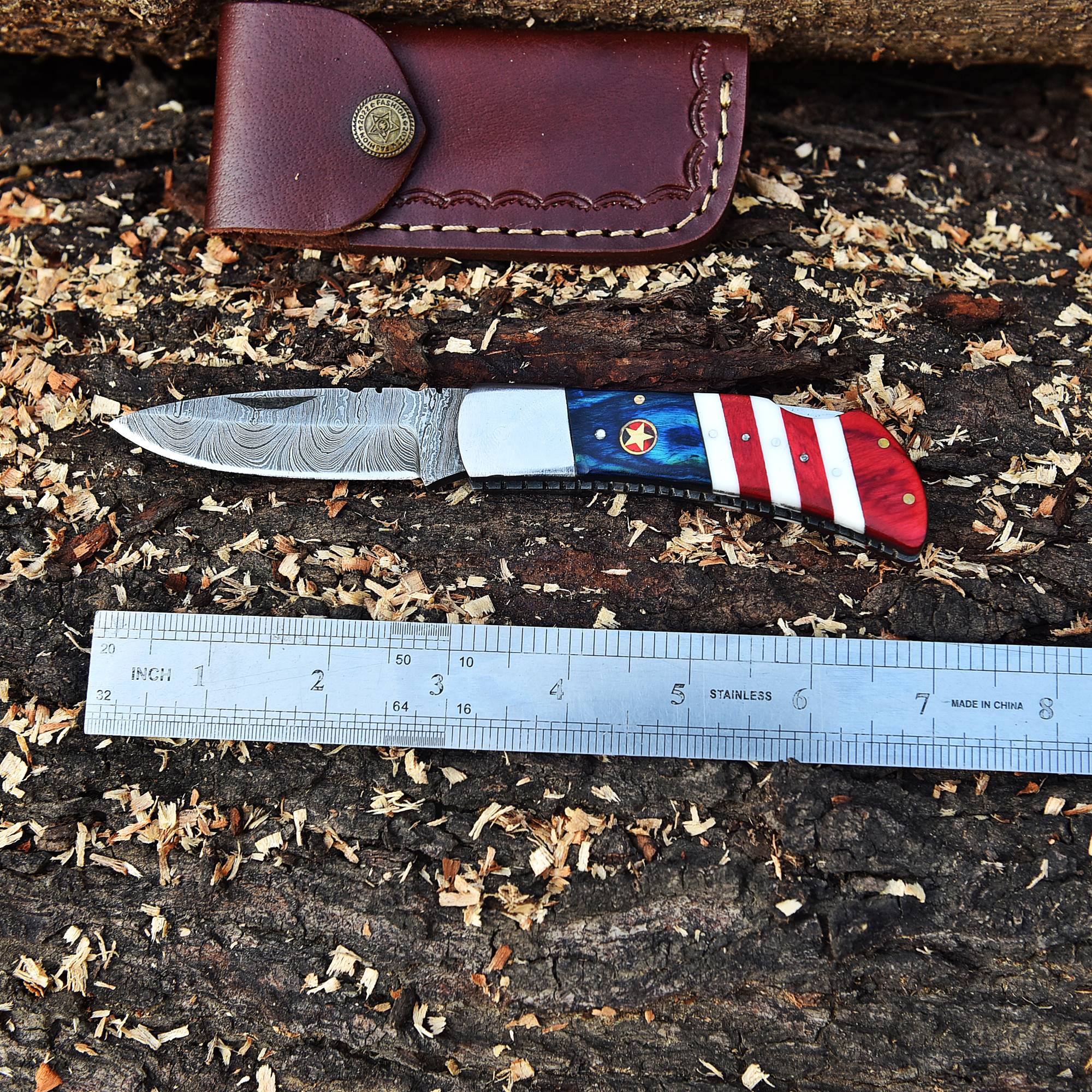 Custom Hand Forged Damascus Steel Folding Blade Pocket Knife-Flag Handle - Image 4