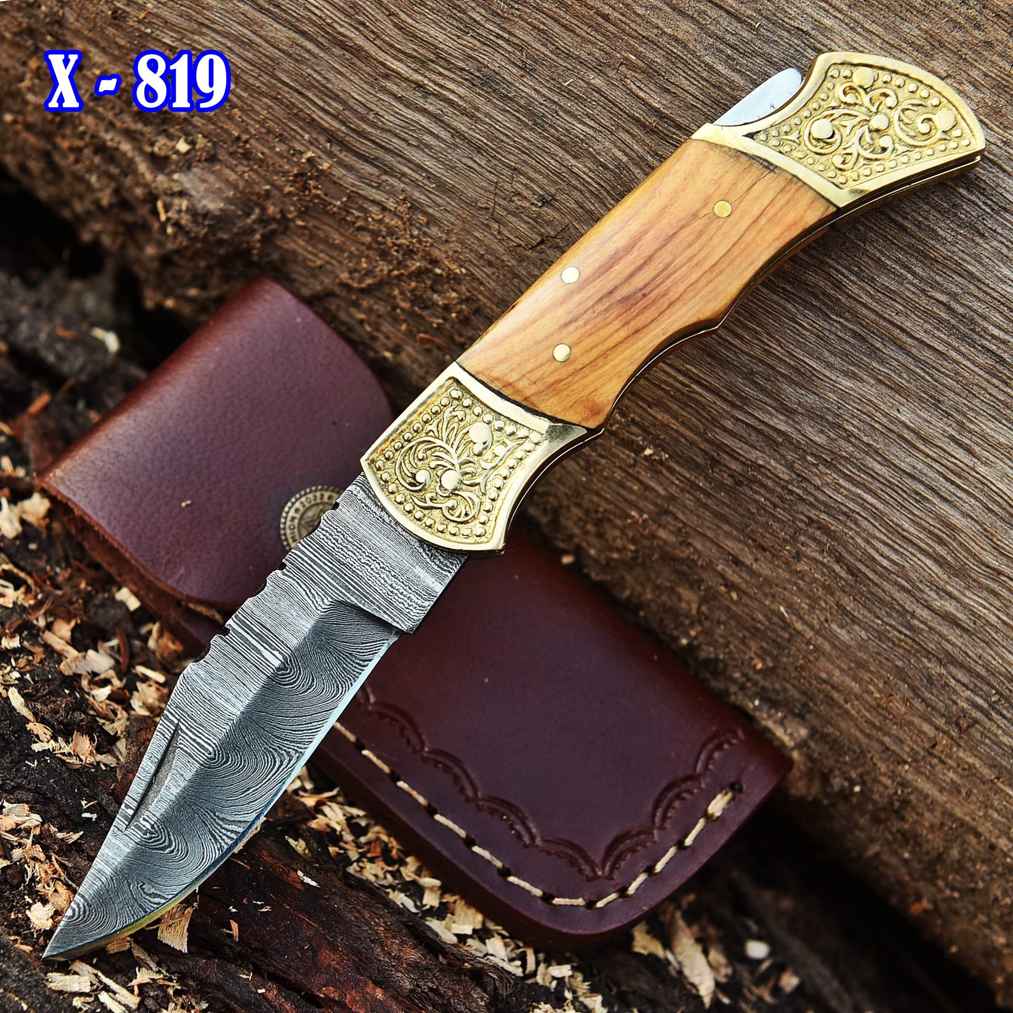 Custom Hand Forged Damascus Steel Folding Blade Pocket Knife- Olive Wood Handle - Image 2