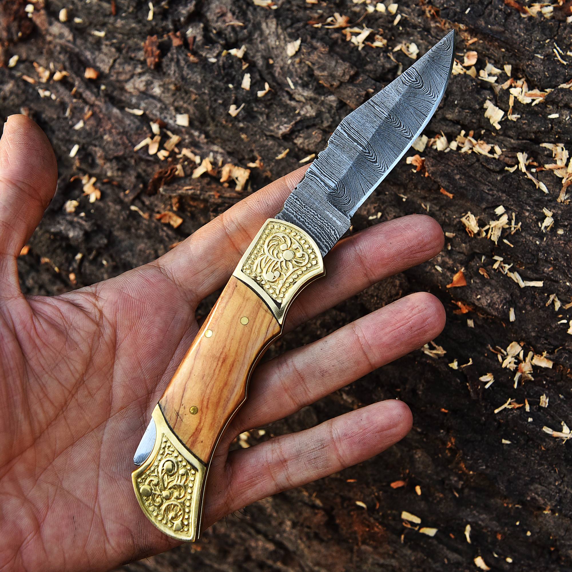 Custom Hand Forged Damascus Steel Folding Blade Pocket Knife- Olive Wood Handle - Image 3