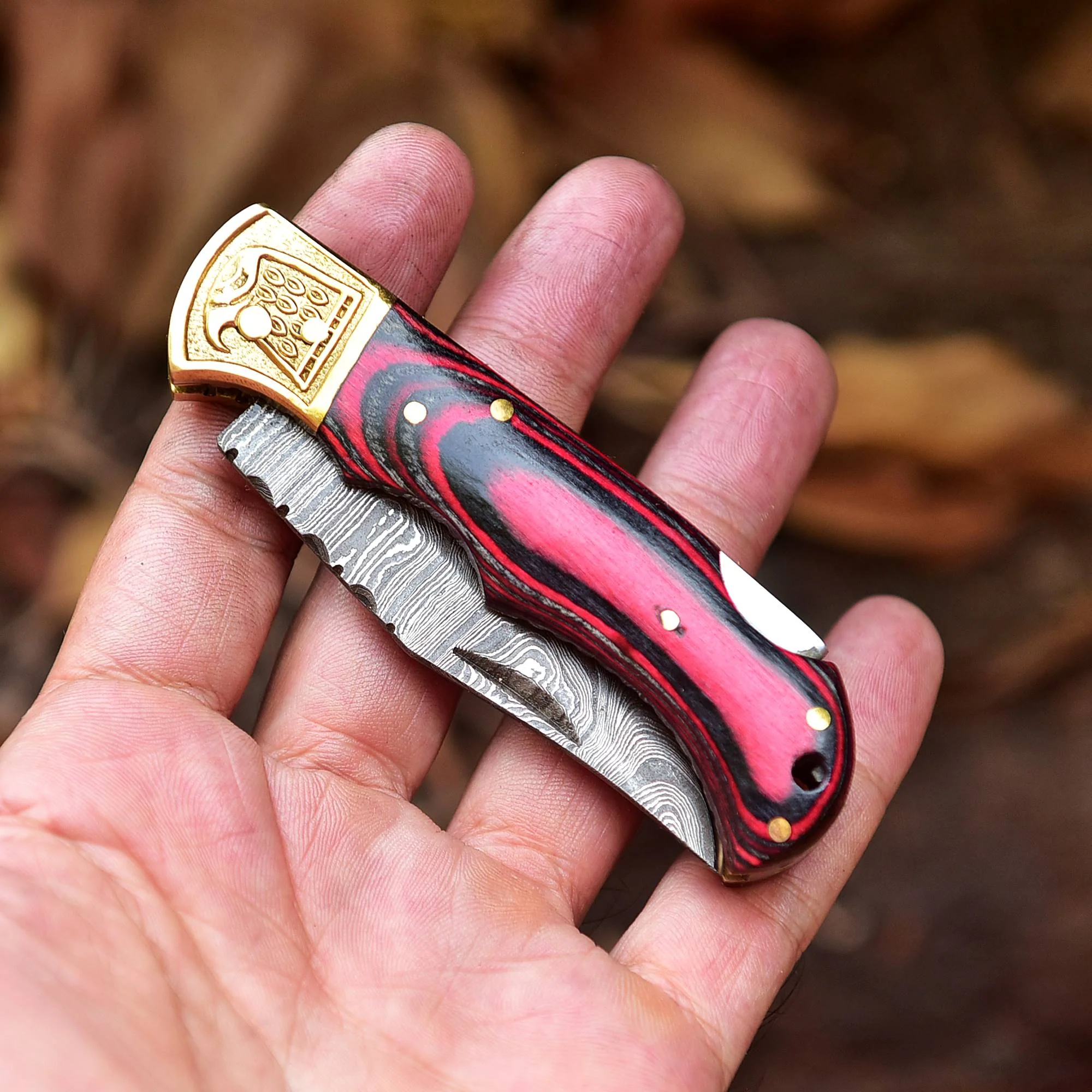 Custom Hand Forged Damascus Steel Folding Knife Wood Handle With Sheath - Image 5