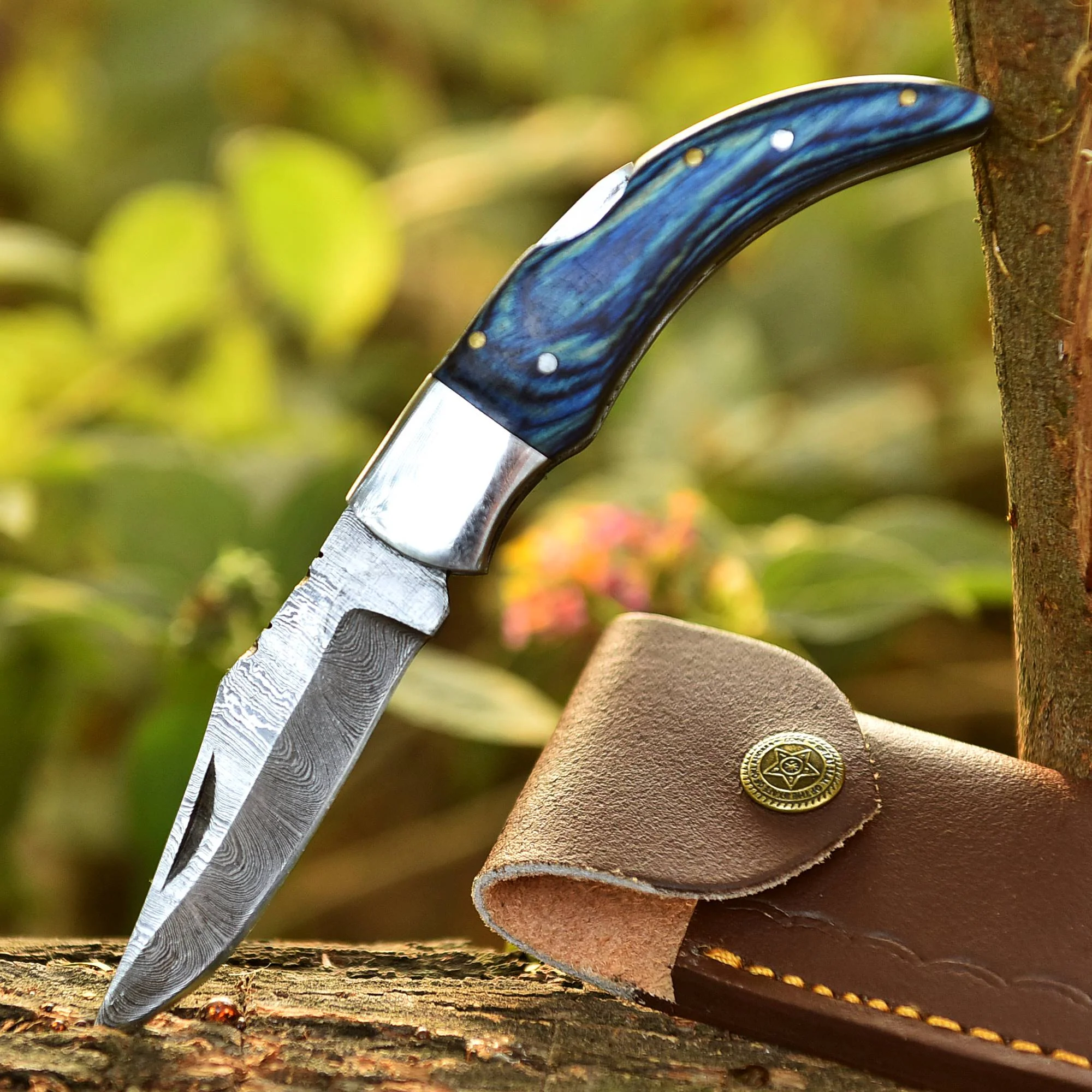 Custom Hand Forged Damascus Steel Hunting Camping Folding Knife Wood Handle - Image 5