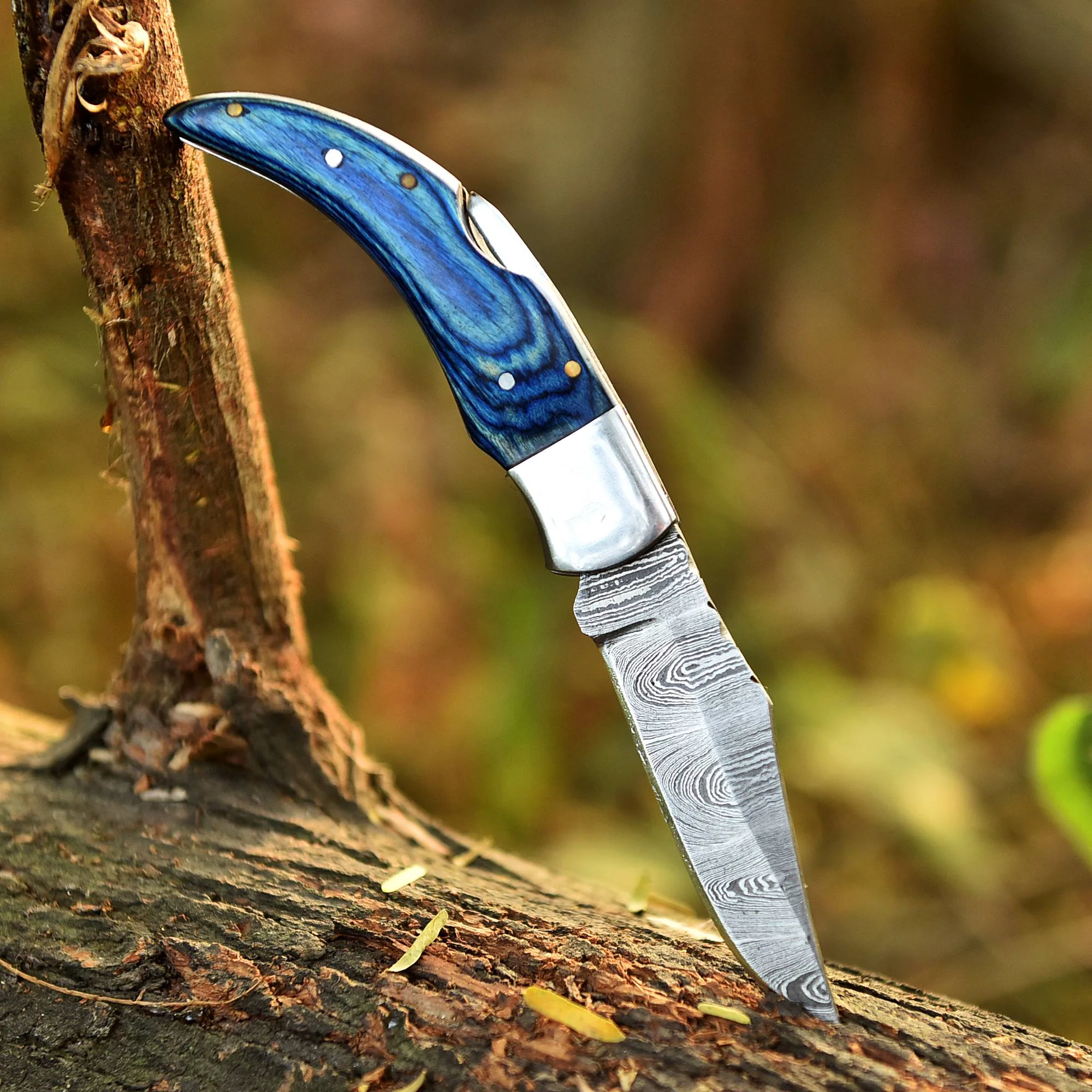 Custom Hand Forged Damascus Steel Hunting Camping Folding Knife Wood Handle - Image 6