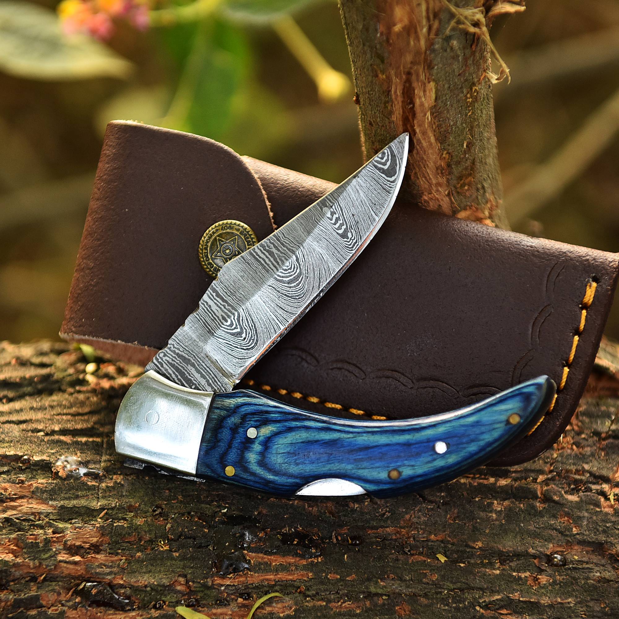 Custom Hand Forged Damascus Steel Hunting Camping Folding Knife Wood Handle - Image 8