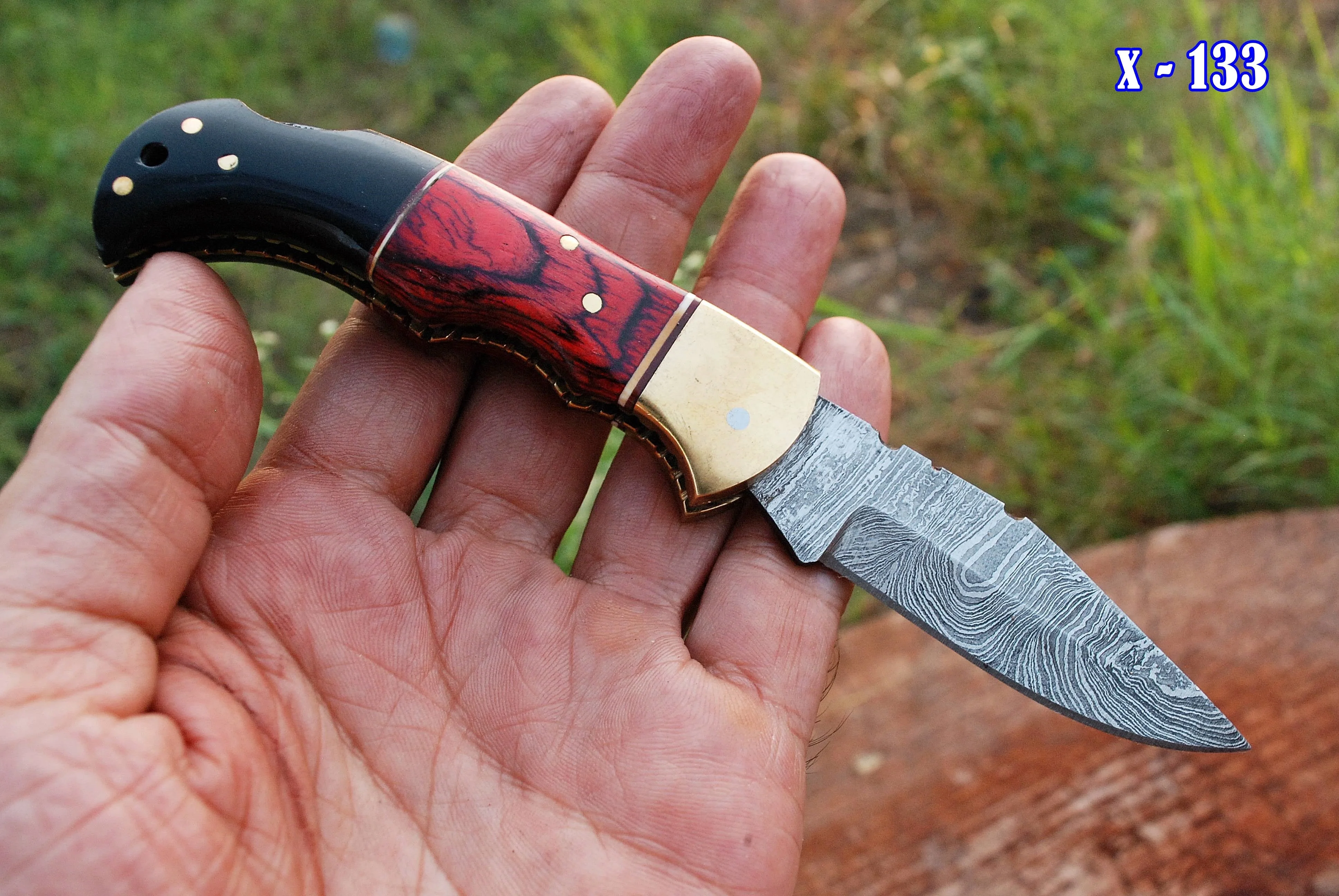 Custom Hand Made Damascus Hunting Folding Knife With Brass Bolster & Bull Horn Wood Handle x-133 - Image 3