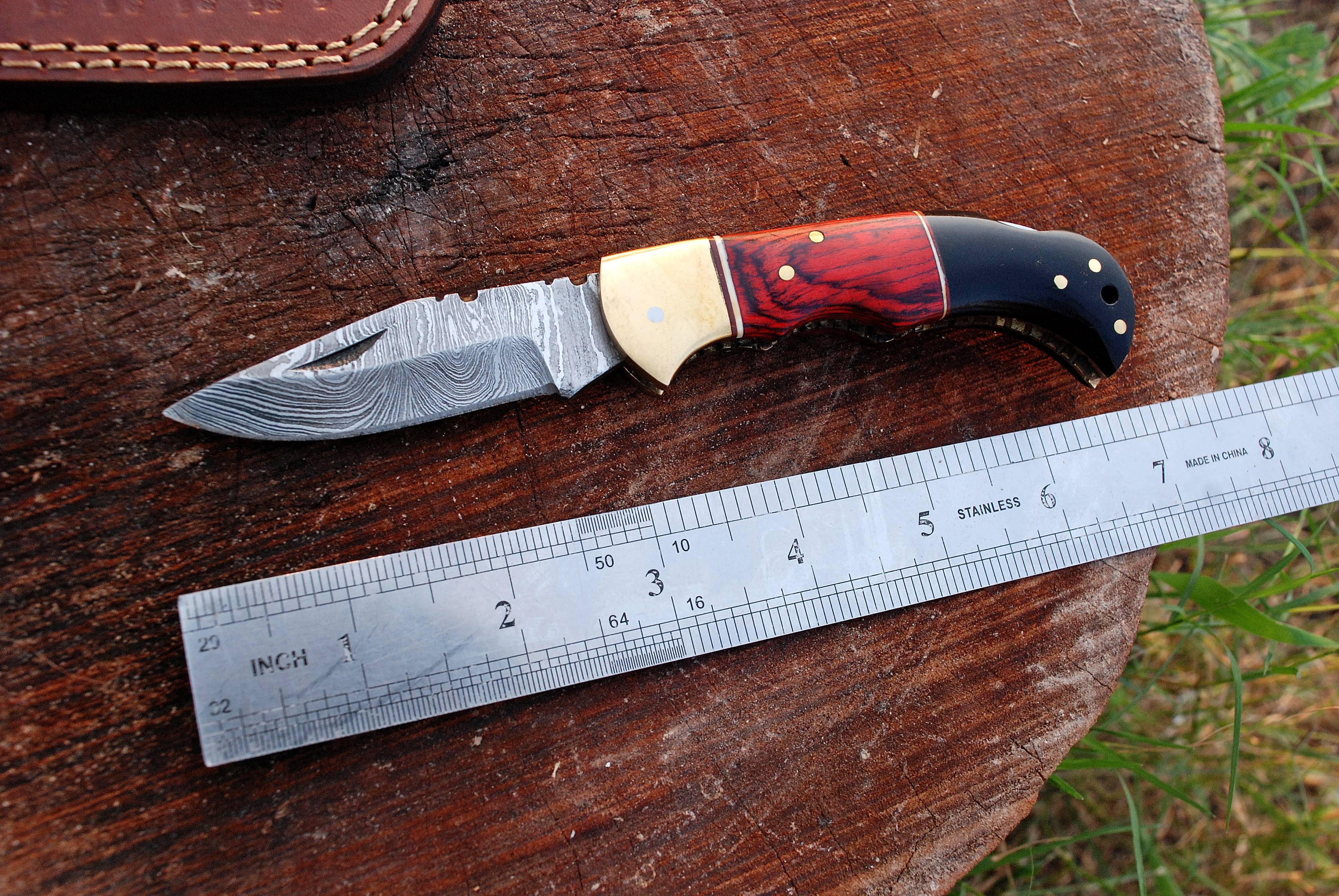 Custom Hand Made Damascus Hunting Folding Knife With Brass Bolster & Bull Horn Wood Handle x-133 - Image 6