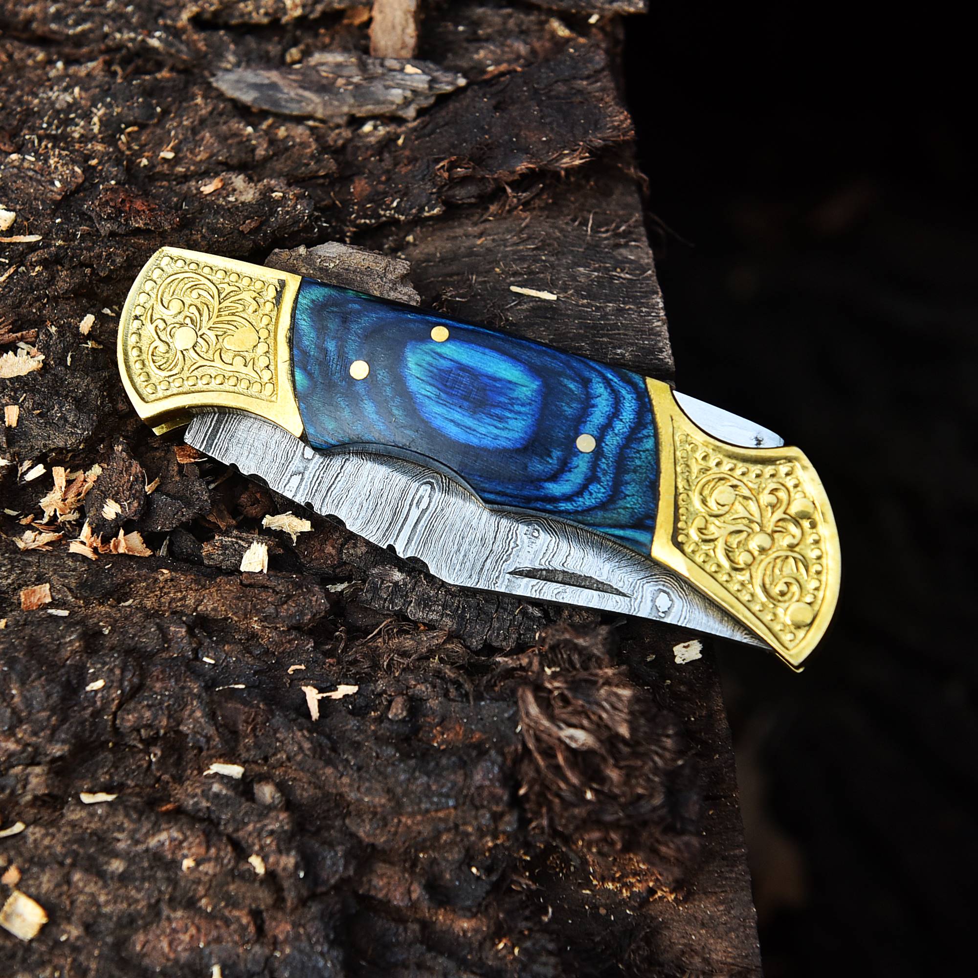 Custom Hand Made Damascus Steel Folding Knife-Engraved Brass Bolster Blue PakkaWood Handle - Image 5