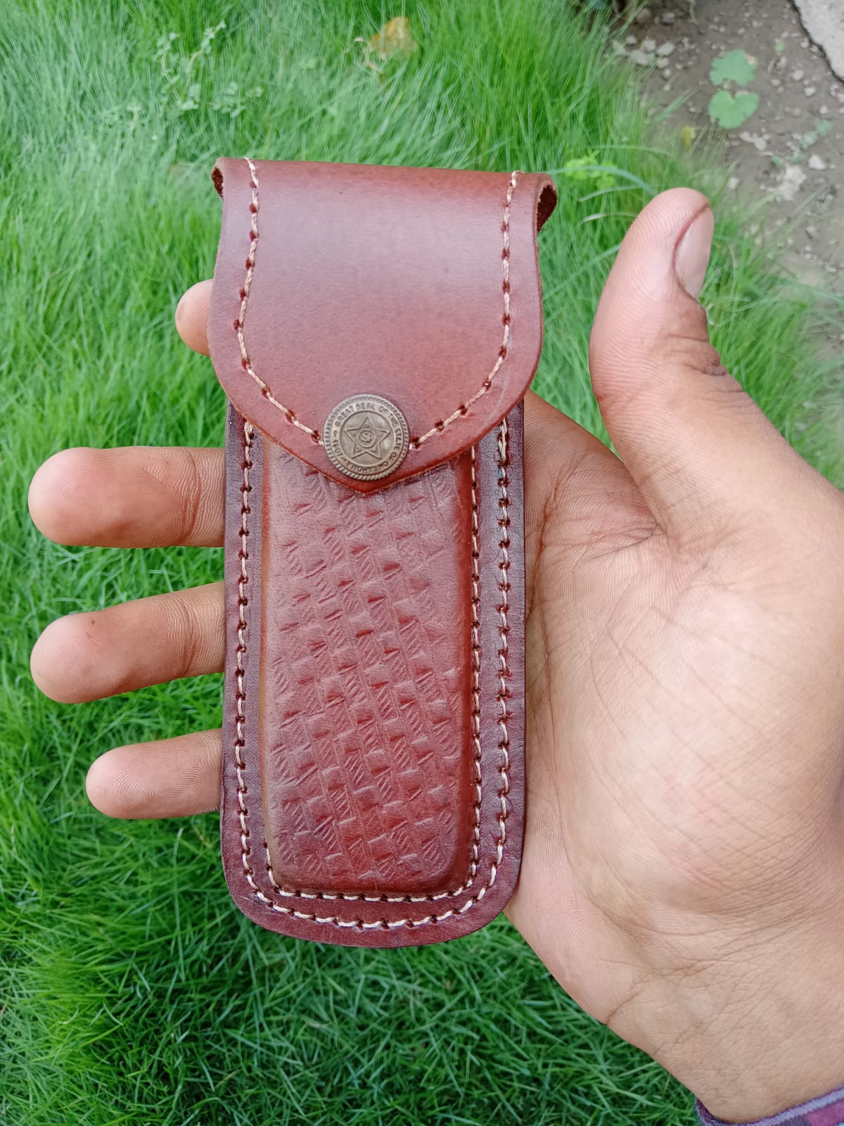 Custom Hand Stitched Top Grain Leather Folding Knife Engraved Sheath - Image 4