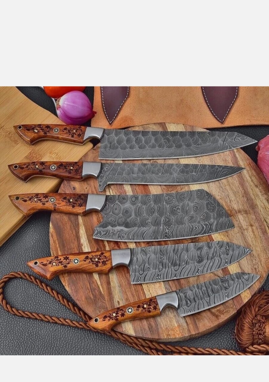 Custom Handmade 5 Piece Damascus Steel Chef Knives Kitchen Knives Set - Image 3
