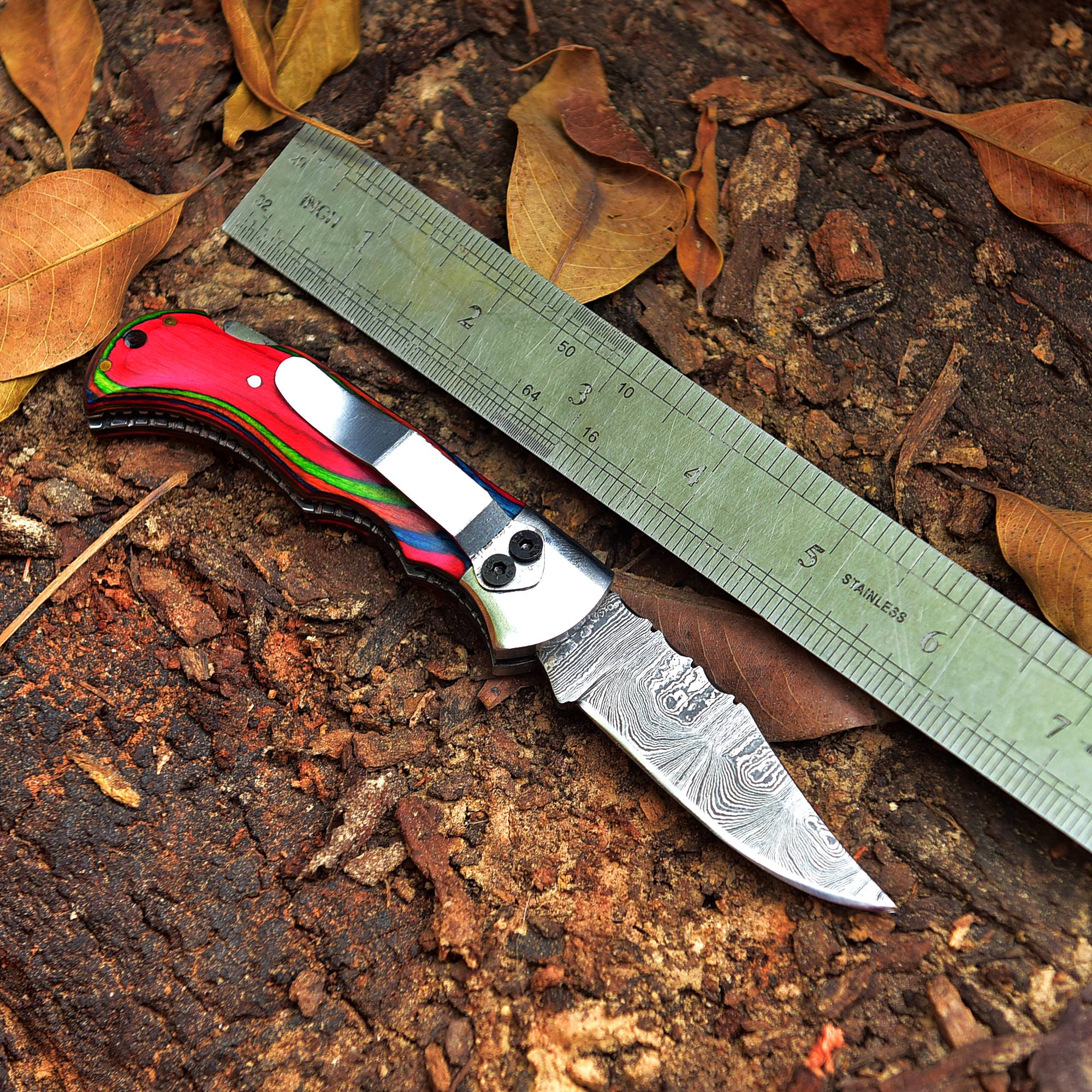 Custom Handmade Damascus Camping Folding Pocket Knife Wood Handle - Image 3