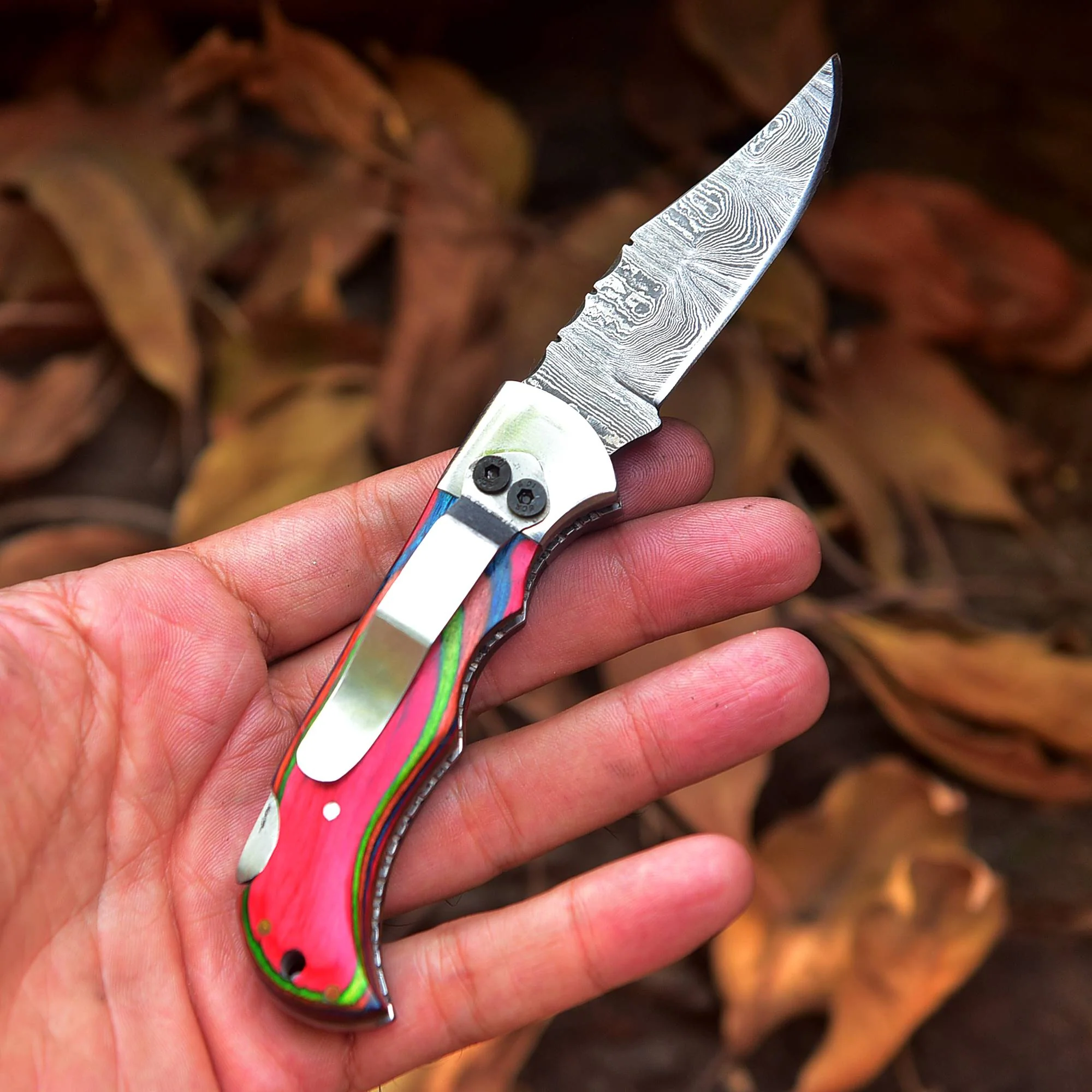 Custom Handmade Damascus Camping Folding Pocket Knife Wood Handle - Image 4