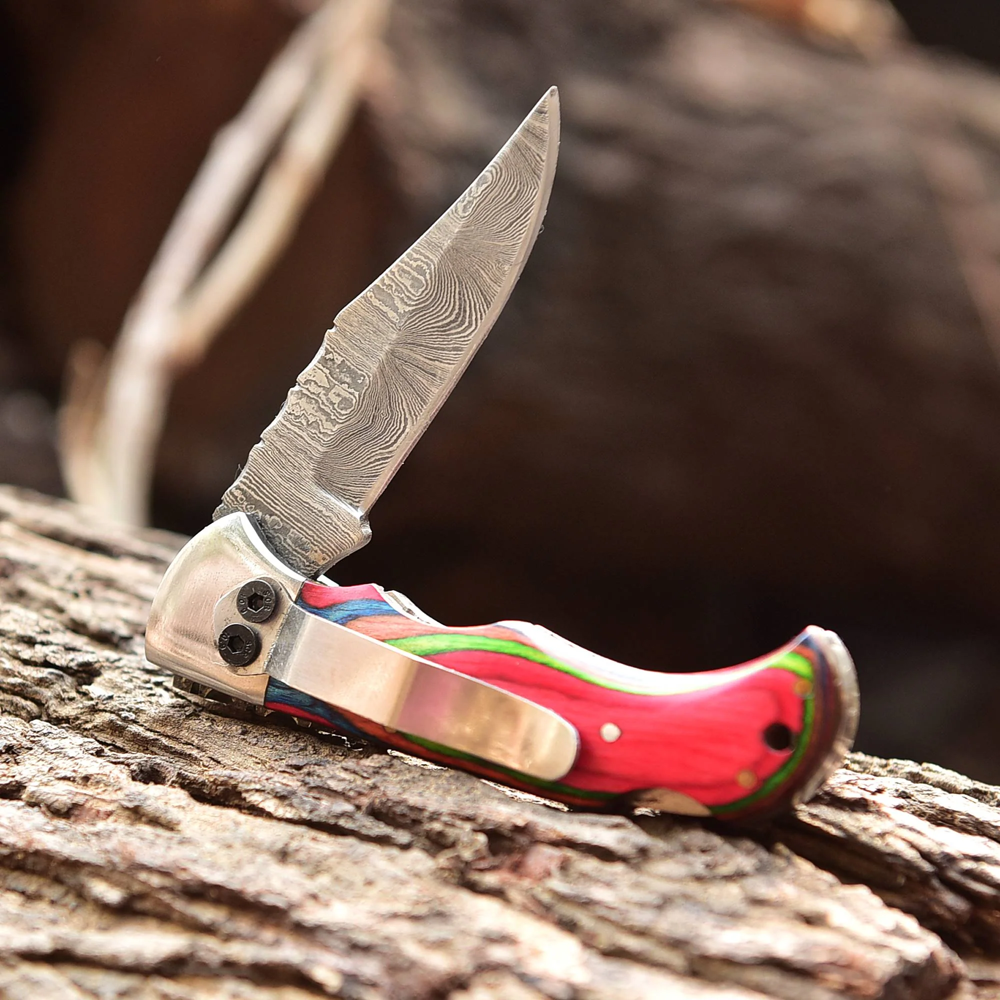 Custom Handmade Damascus Camping Folding Pocket Knife Wood Handle - Image 5