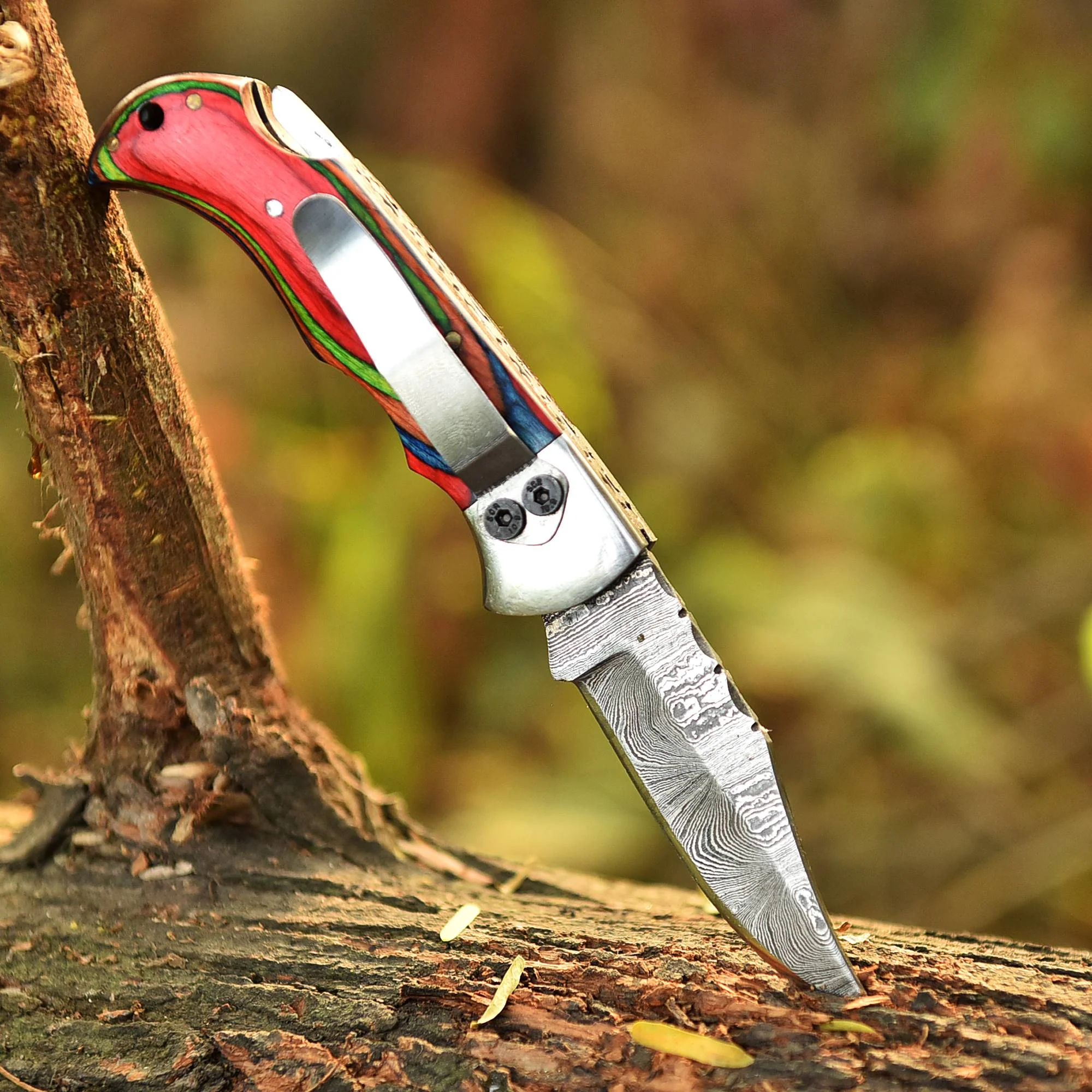 Custom Handmade Damascus Camping Folding Pocket Knife Wood Handle - Image 7