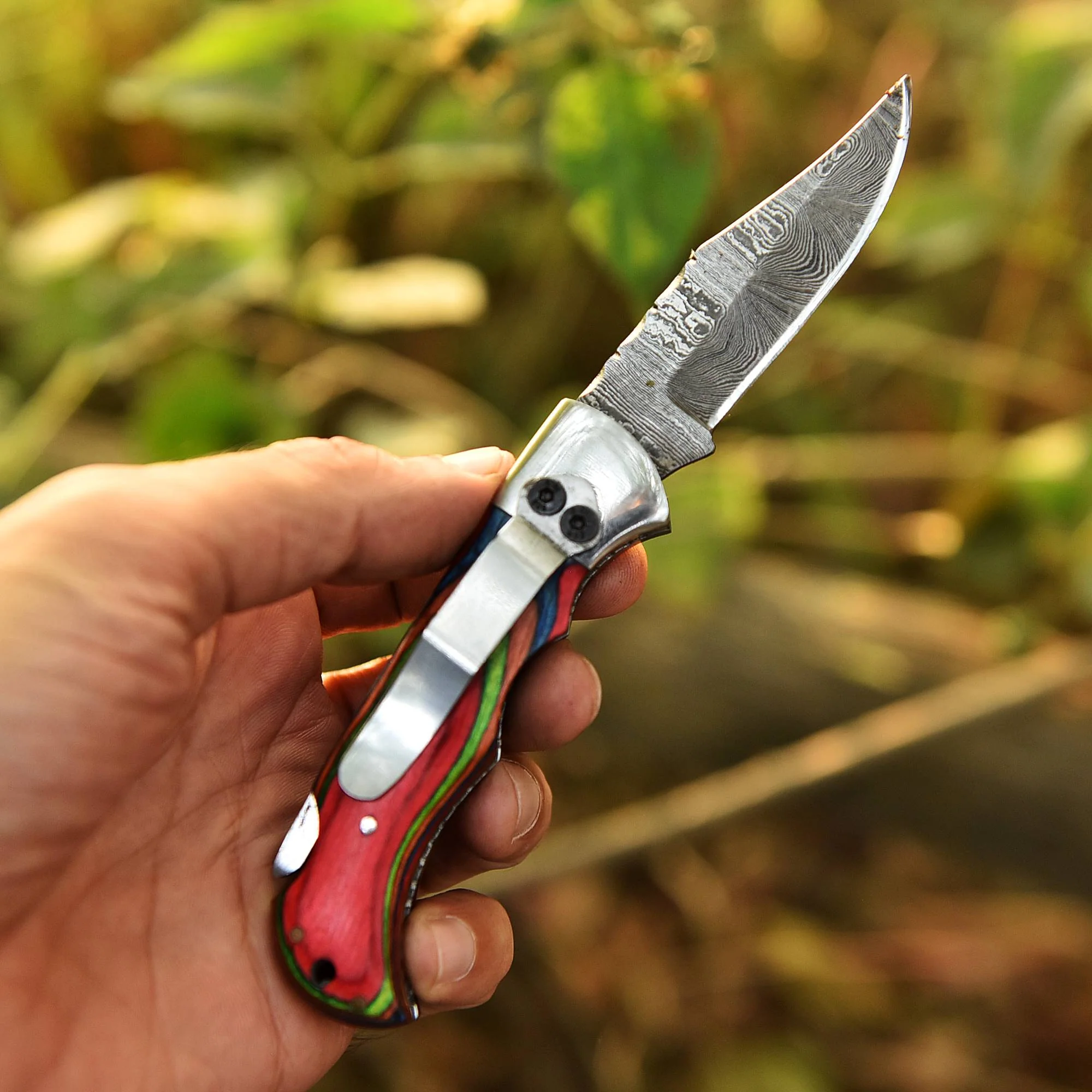 Custom Handmade Damascus Camping Folding Pocket Knife Wood Handle - Image 8