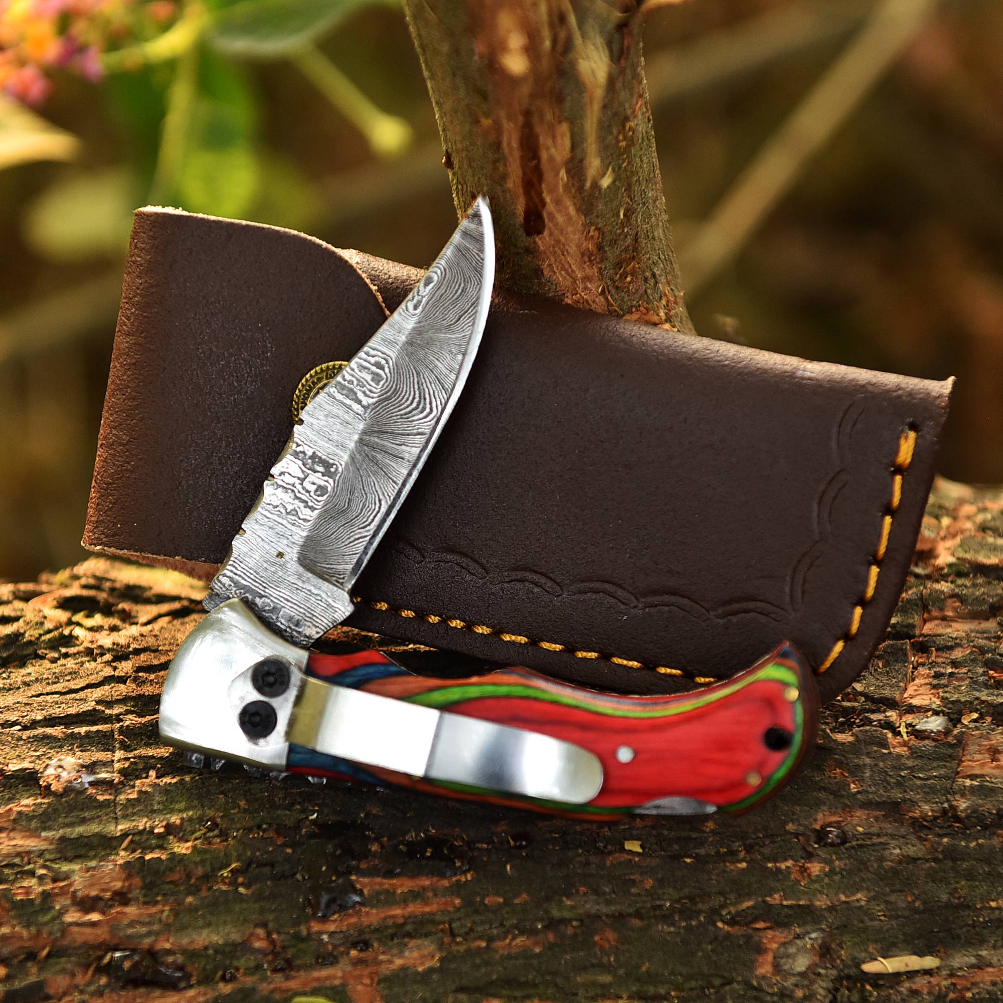 Custom Handmade Damascus Camping Folding Pocket Knife Wood Handle - Image 9