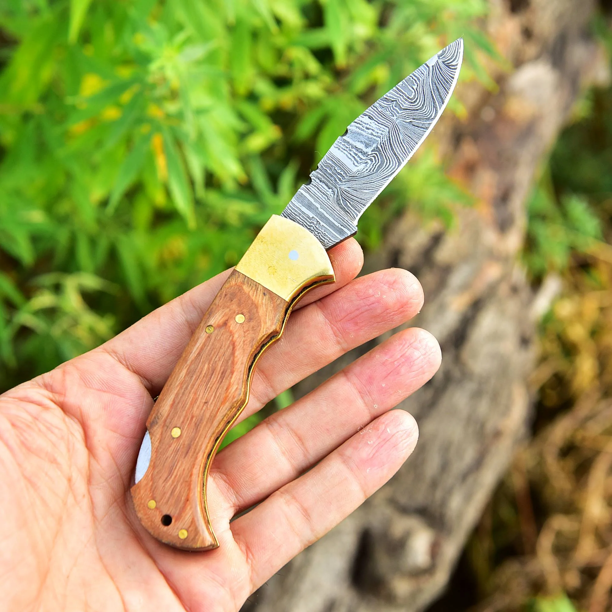 Custom Handmade Damascus Steel Back Lock Folding Pocket Knife Wood Handle - Image 3