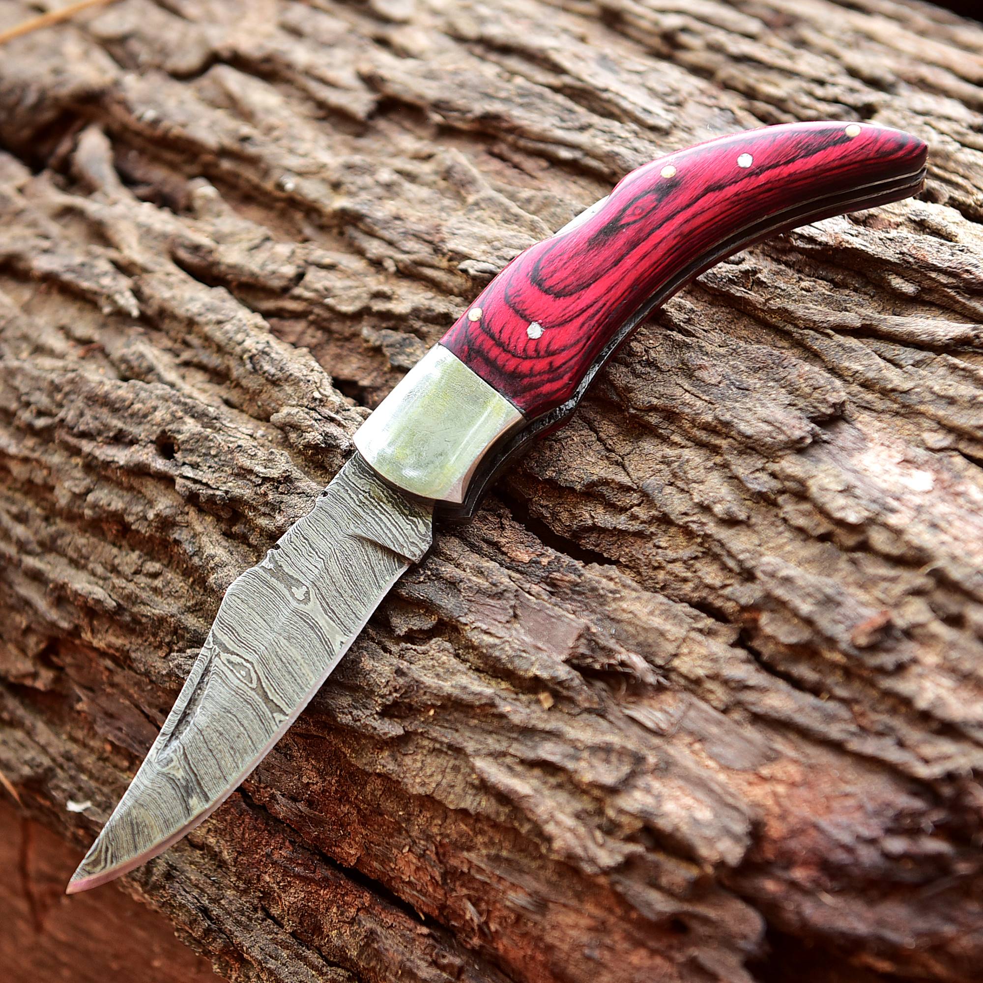 Custom Handmade Damascus Steel Back Lock Pocket Camping Knife With Sheath