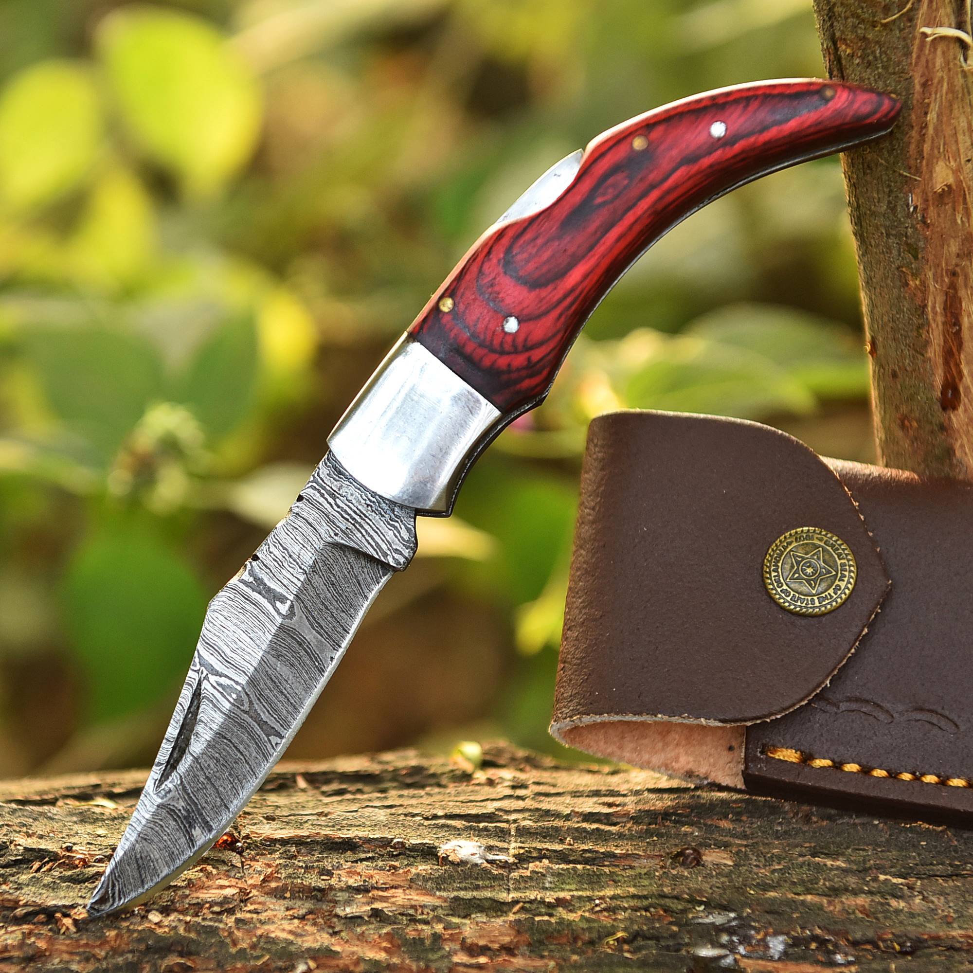 Custom Handmade Damascus Steel Back Lock Pocket Camping Knife With Sheath - Image 5