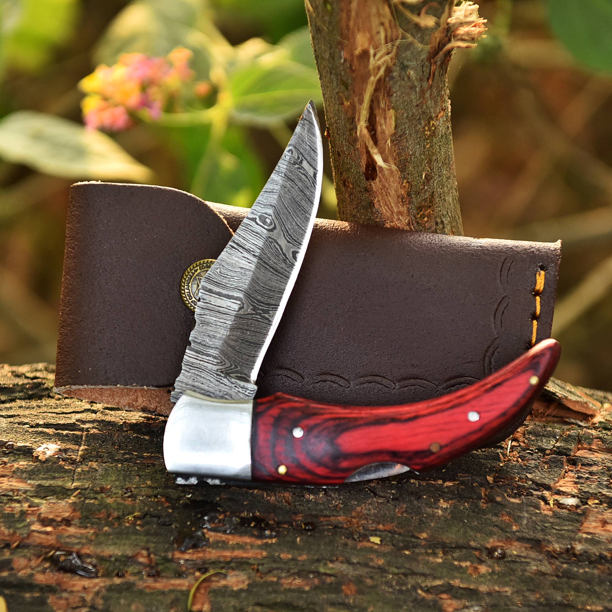 Custom Handmade Damascus Steel Back Lock Pocket Camping Knife With Sheath - Image 8
