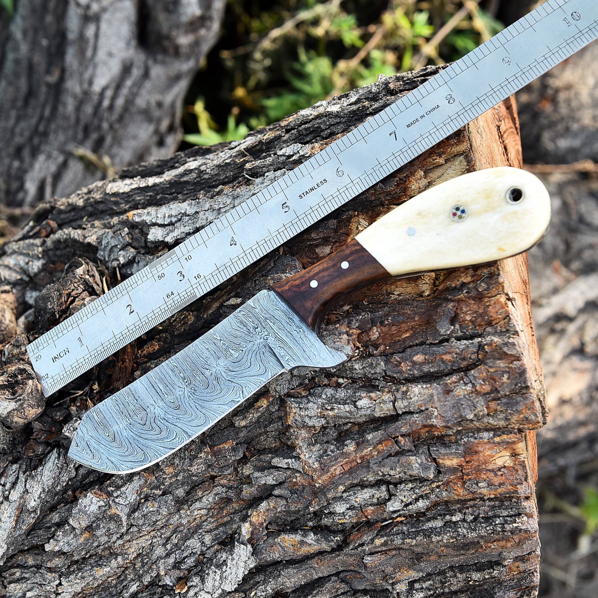 Custom Handmade Damascus Steel Blade Skinner Knife Outdoor Hunting - Image 5