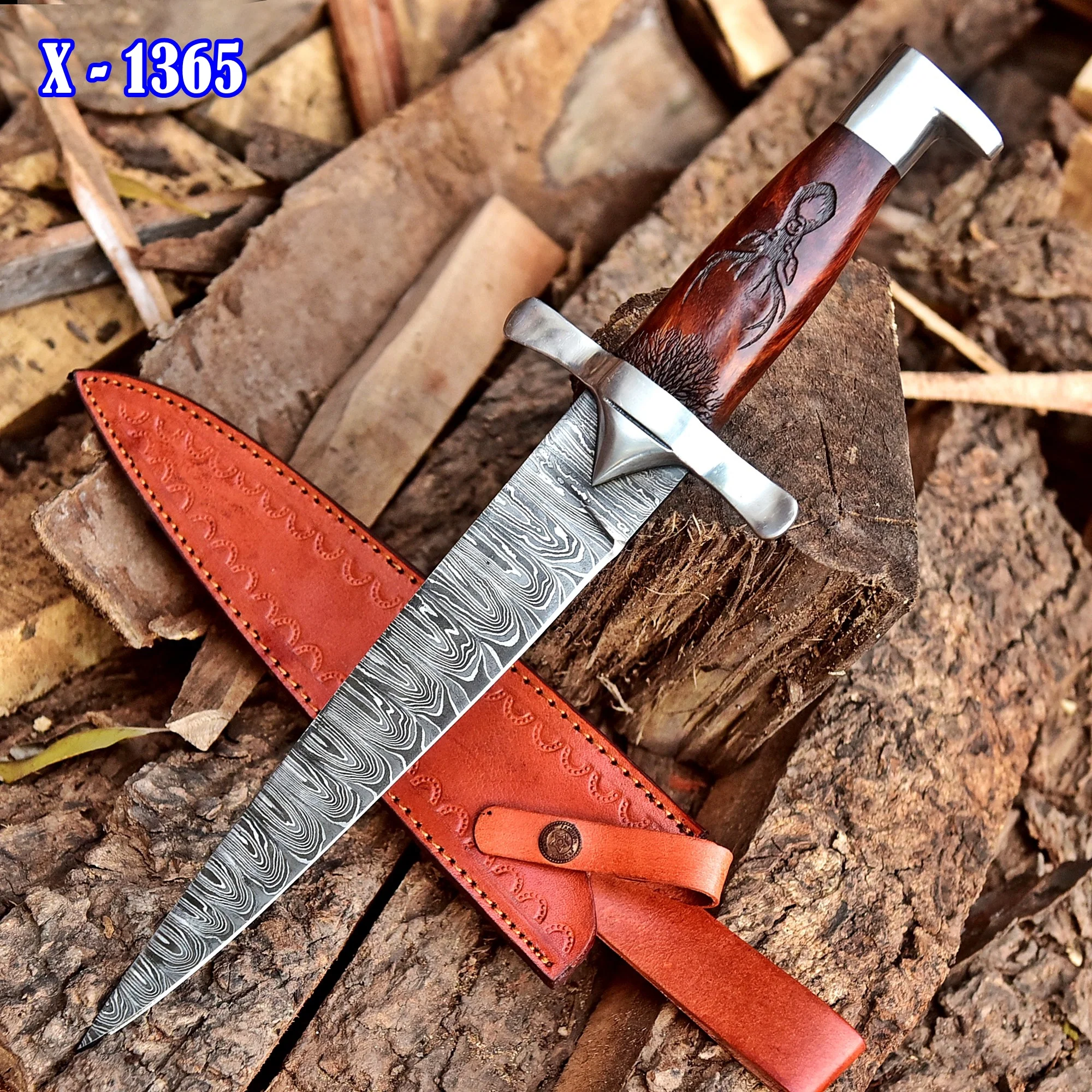 Custom Handmade Damascus Steel Dagger Knife Wood Deer Engraved Handle - Image 2