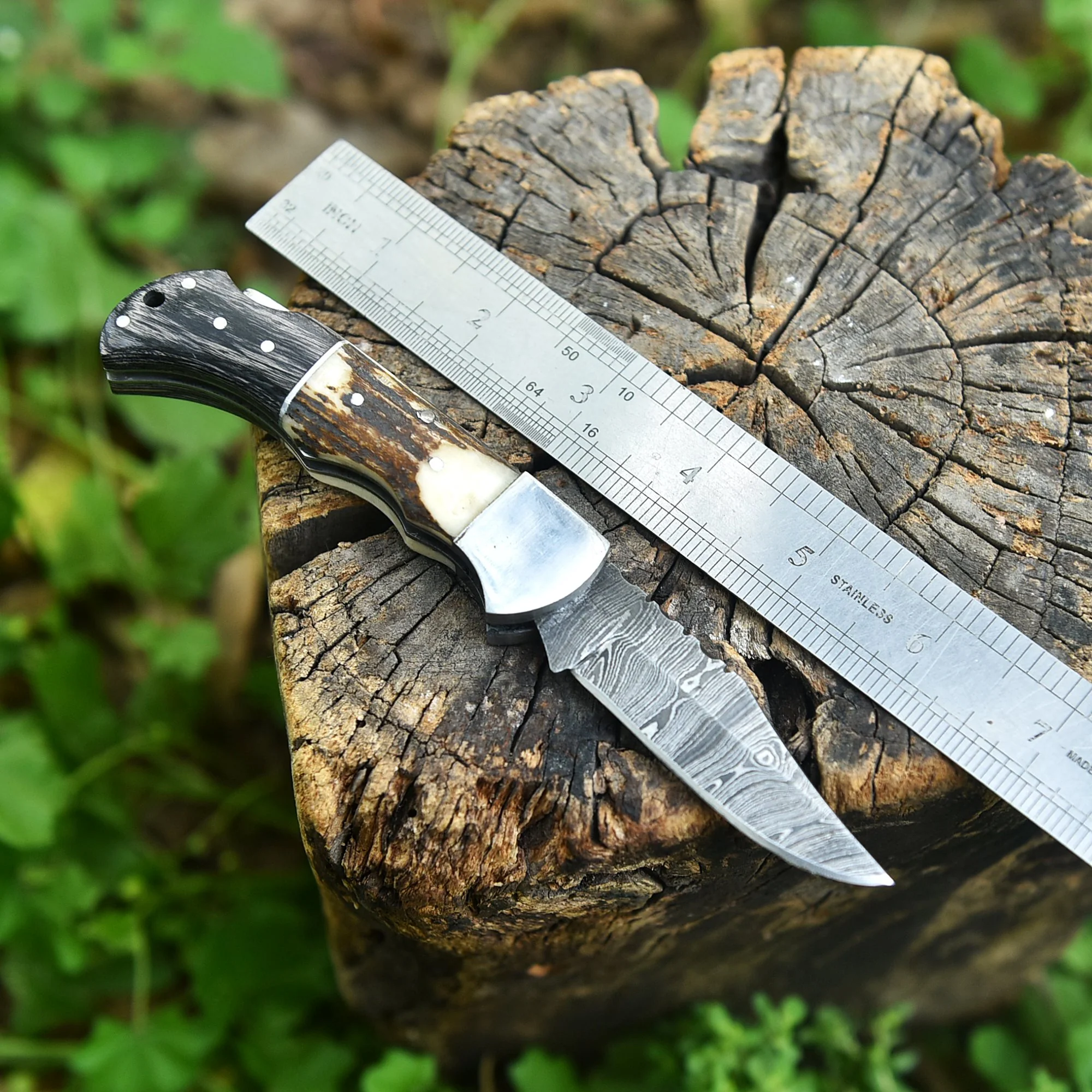 Custom Handmade Damascus Steel Folding Blade Pocket Knife Stage Wood Handle - Image 2