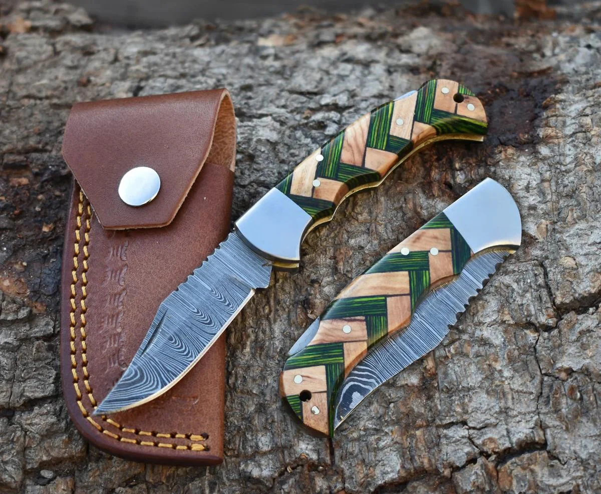 Custom Handmade Damascus Steel Folding Blade Pocket Knife With Sheath - Image 7