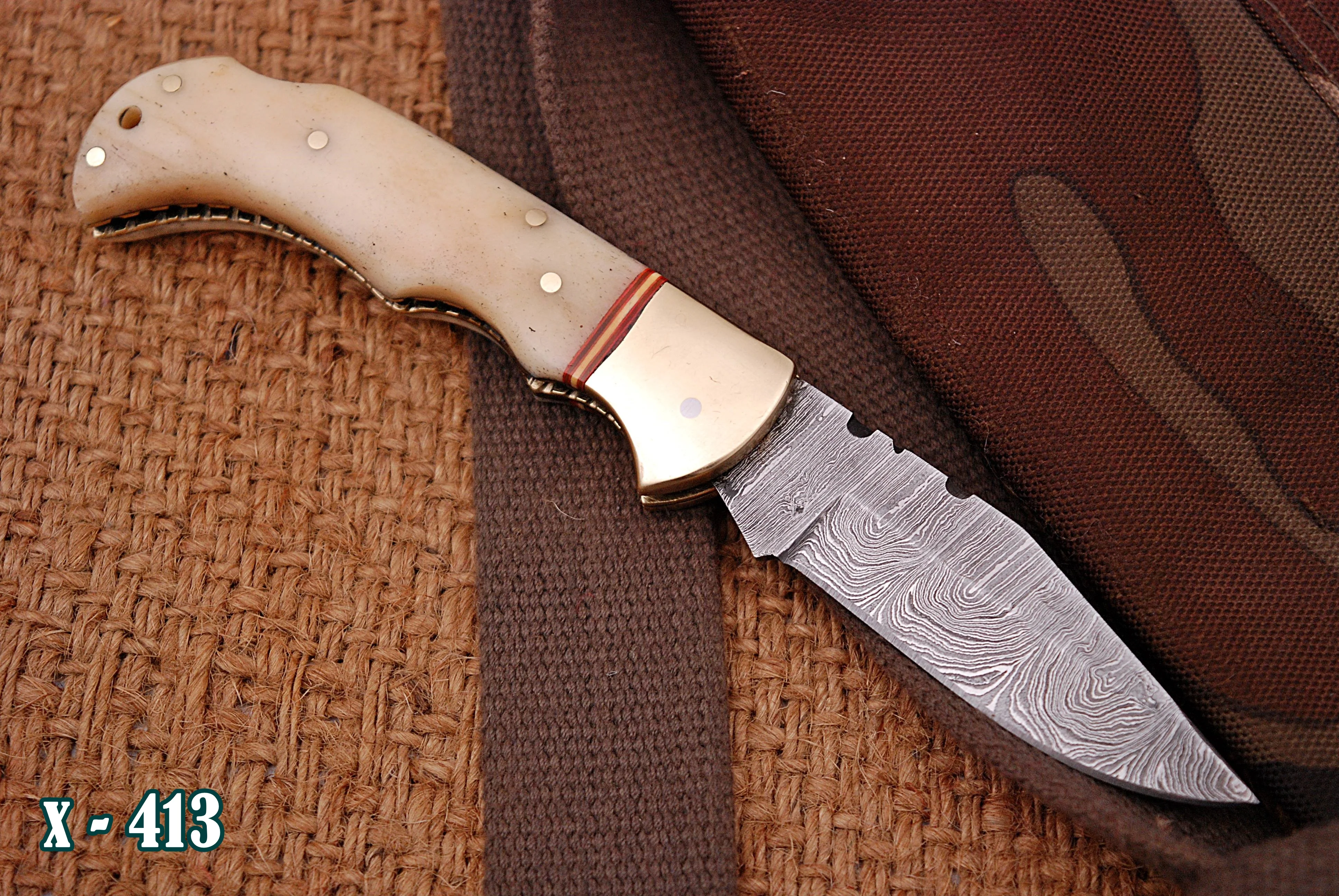 Custom Handmade Damascus Steel Folding Pocket Knife Camel Bone Handle - Image 2