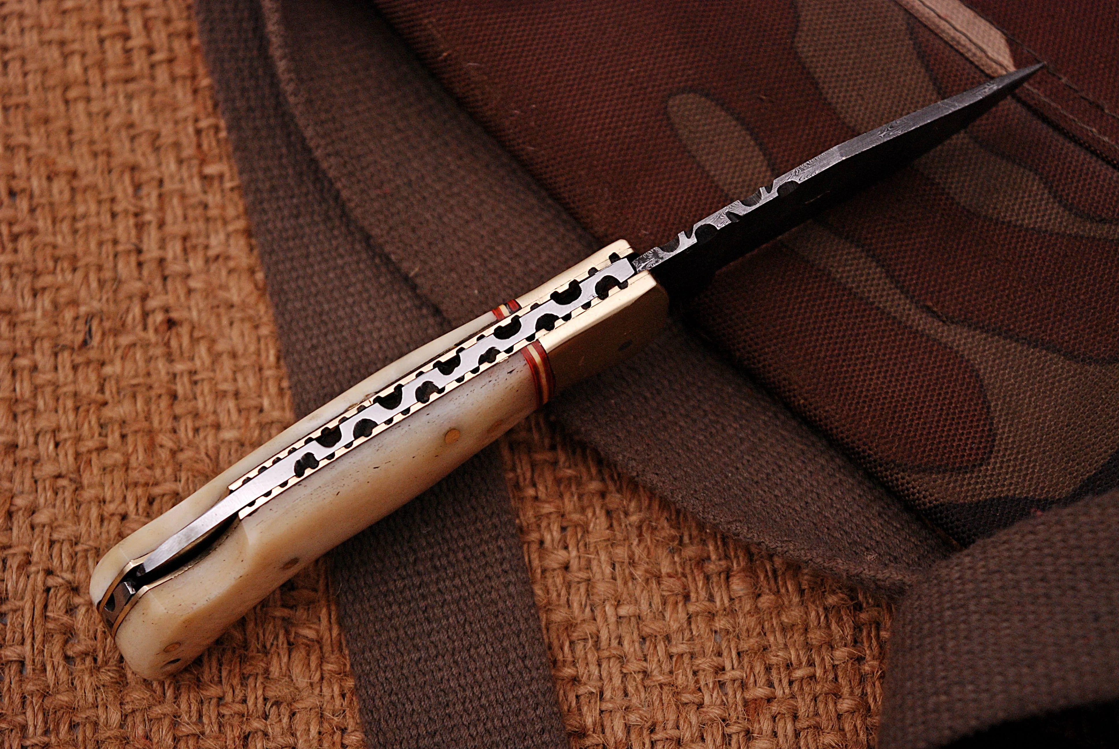 Custom Handmade Damascus Steel Folding Pocket Knife Camel Bone Handle - Image 3