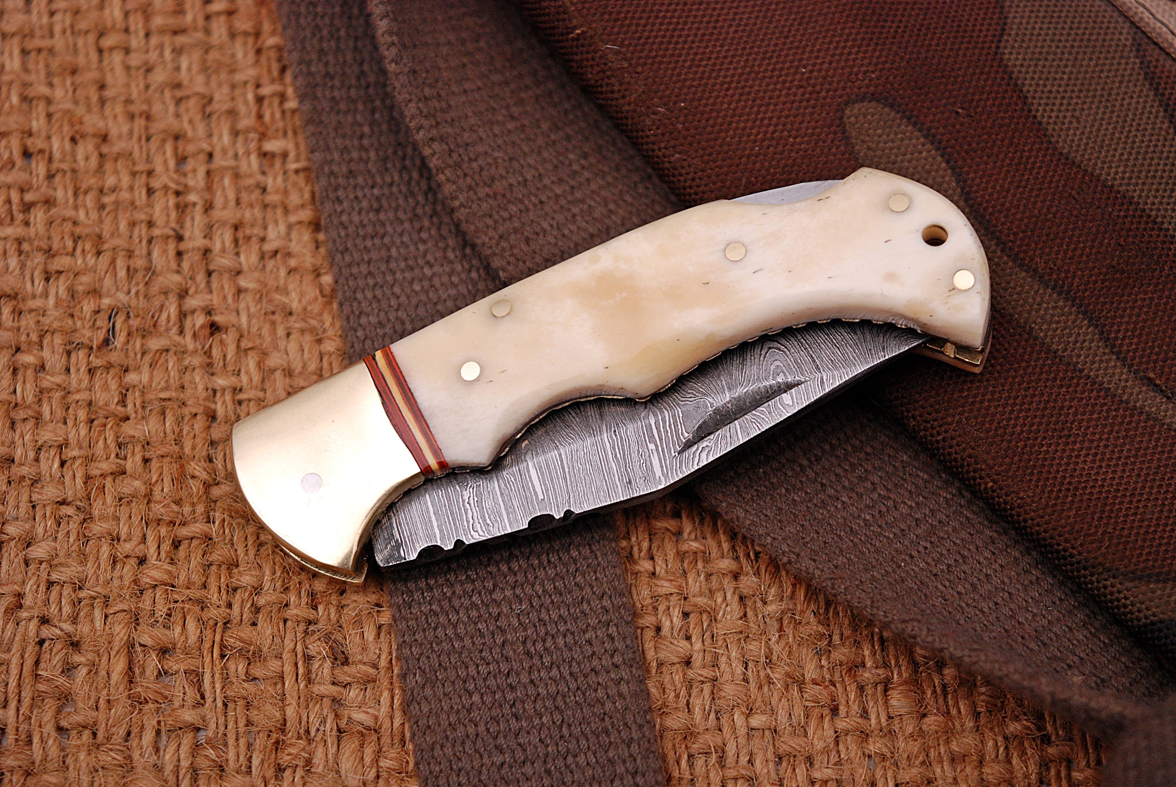 Custom Handmade Damascus Steel Folding Pocket Knife Camel Bone Handle - Image 5