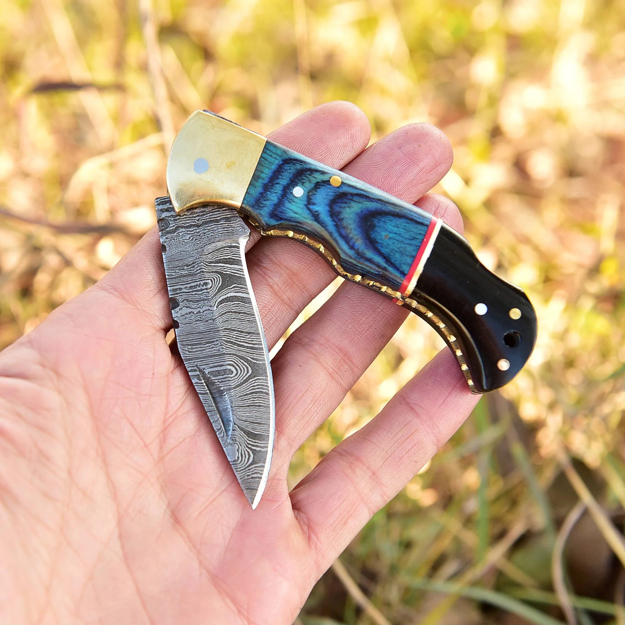 Custom Handmade Damascus Steel Folding Pocket Knife Wood Resin Handle