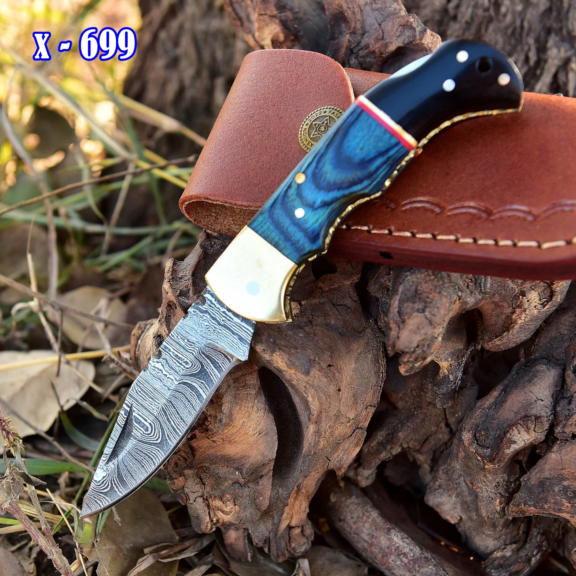 Custom Handmade Damascus Steel Folding Pocket Knife Wood Resin Handle - Image 2