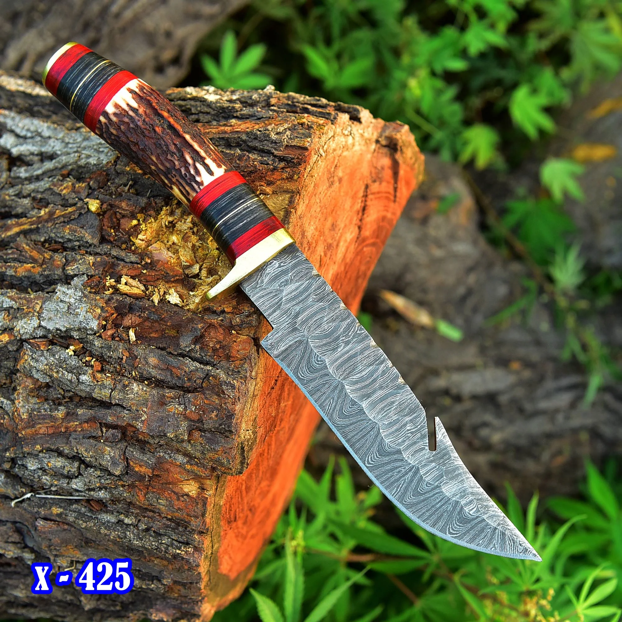 Custom Handmade Damascus Steel Gut Hook Blade Hunting Camping Knife - Image 2
