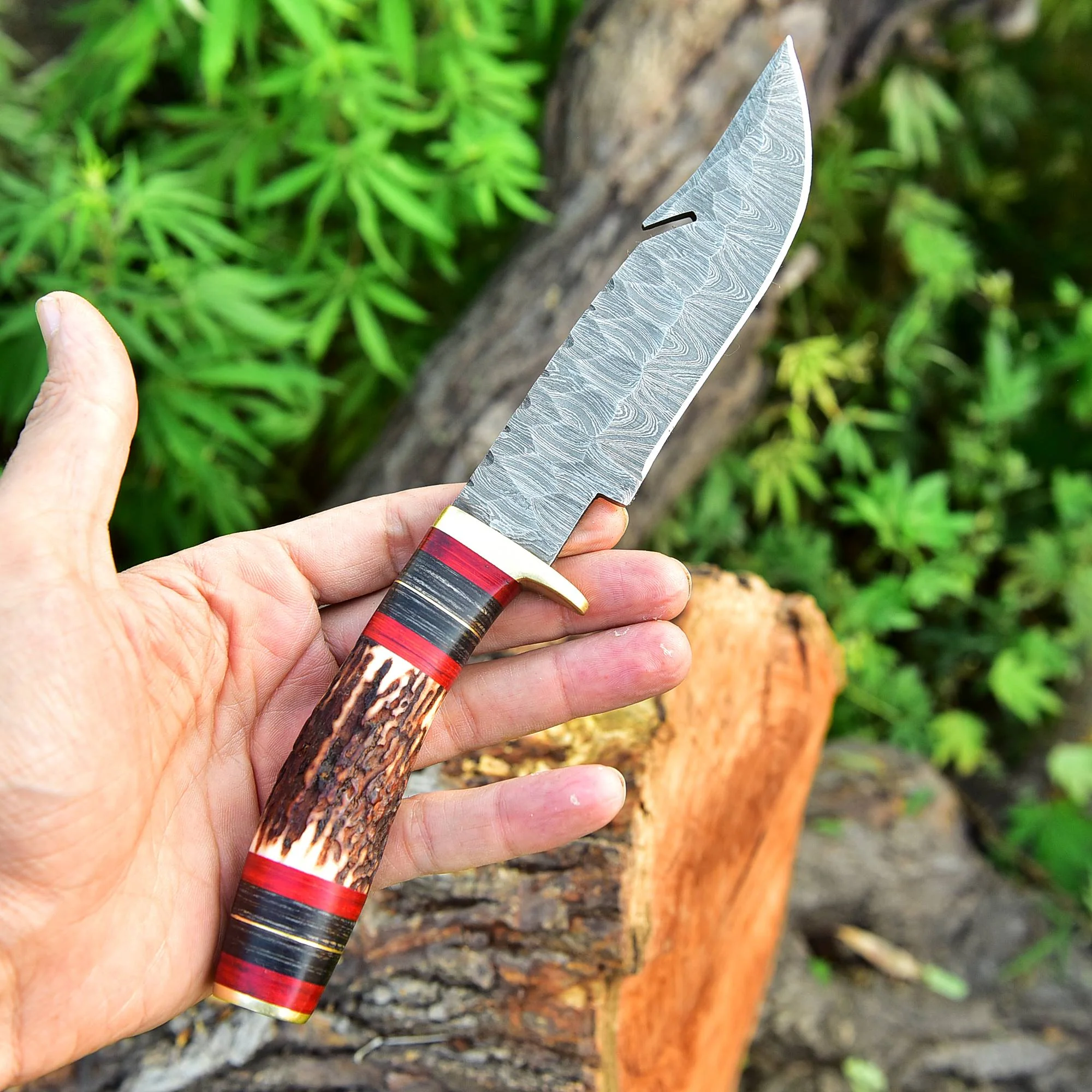 Custom Handmade Damascus Steel Gut Hook Blade Hunting Camping Knife - Image 3
