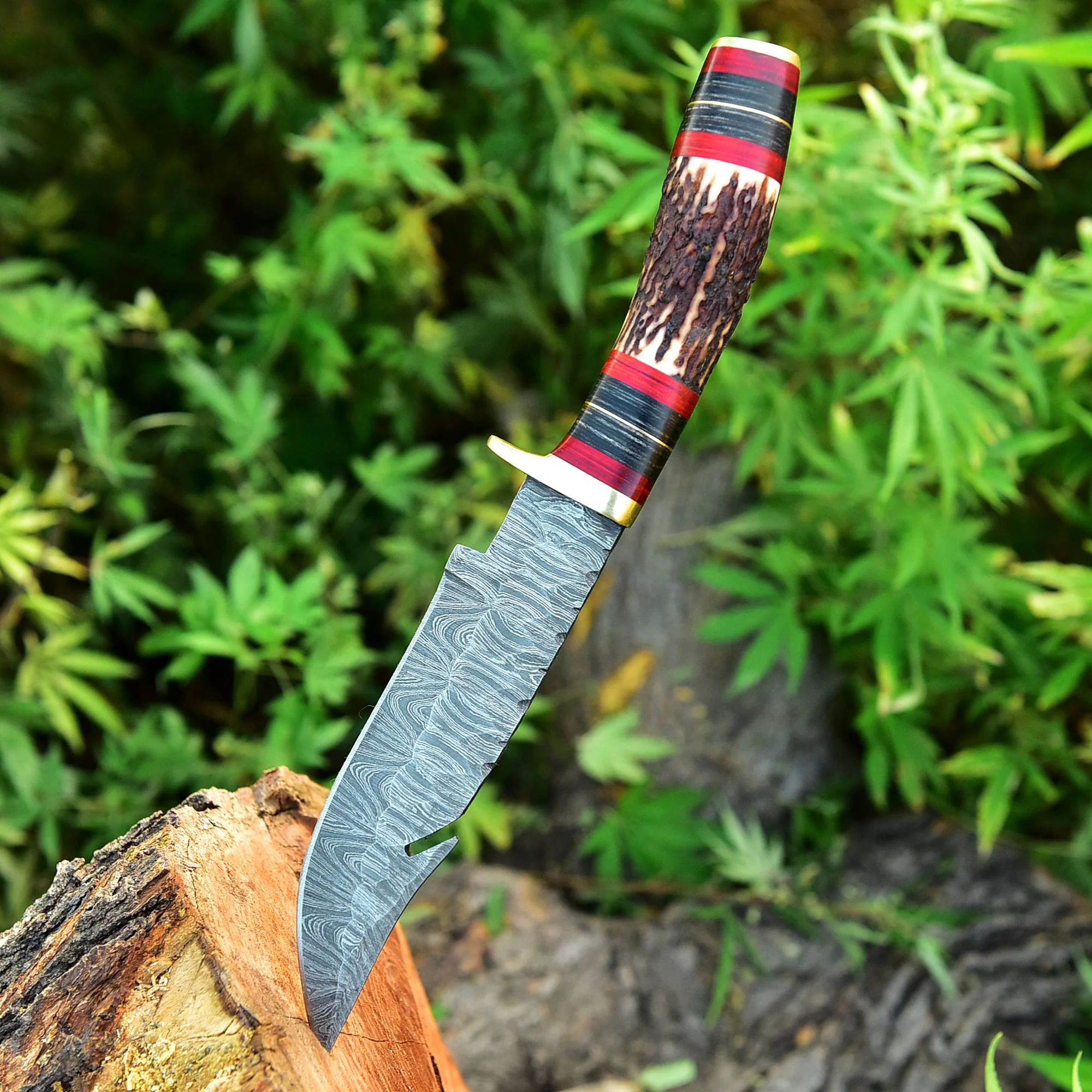 Custom Handmade Damascus Steel Gut Hook Blade Hunting Camping Knife - Image 4