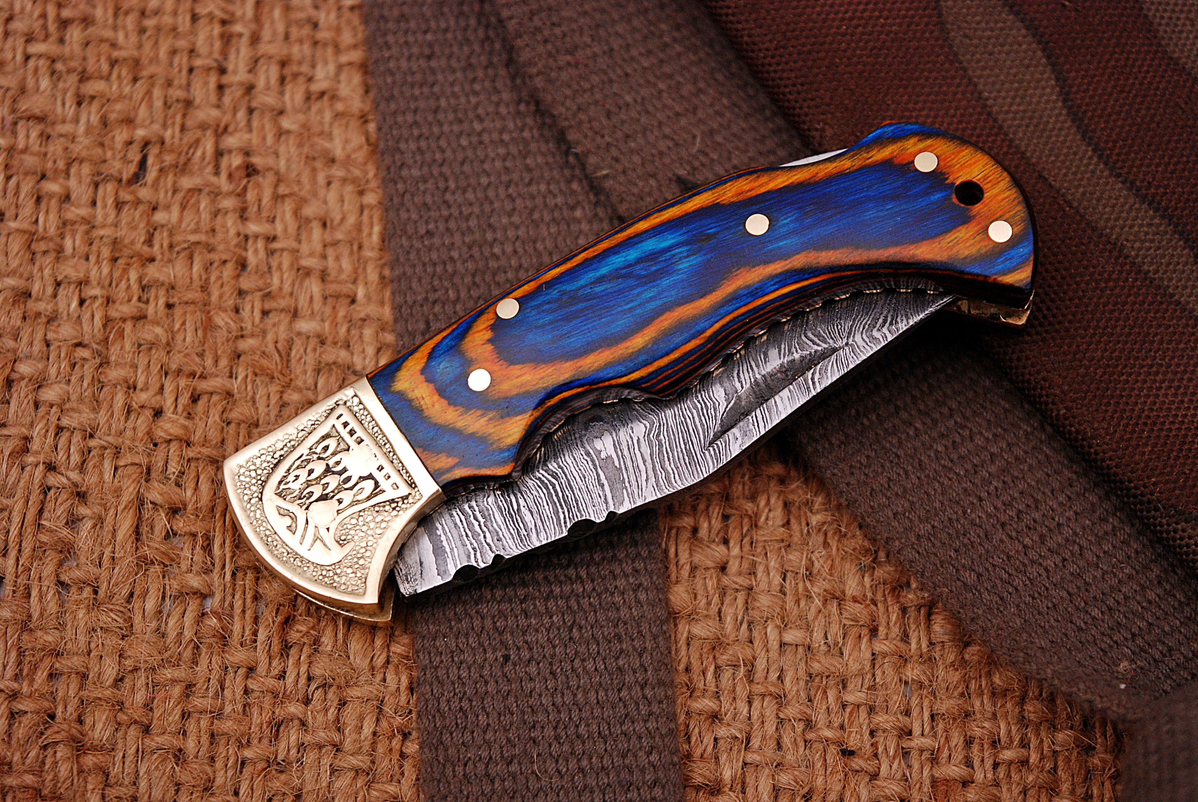Custom Handmade Damascus Steel Folding Knife With Brass Bolster & Colored Wood Handle Perfect for Camping & Outdoors - Image 3