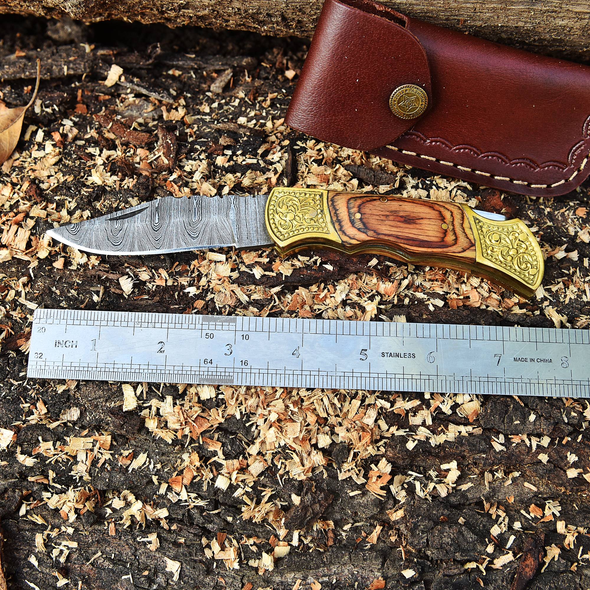 Custom Handmade Damascus Steel VG10 Pocket knife-Wood Handle Engrave Bolster - Image 4