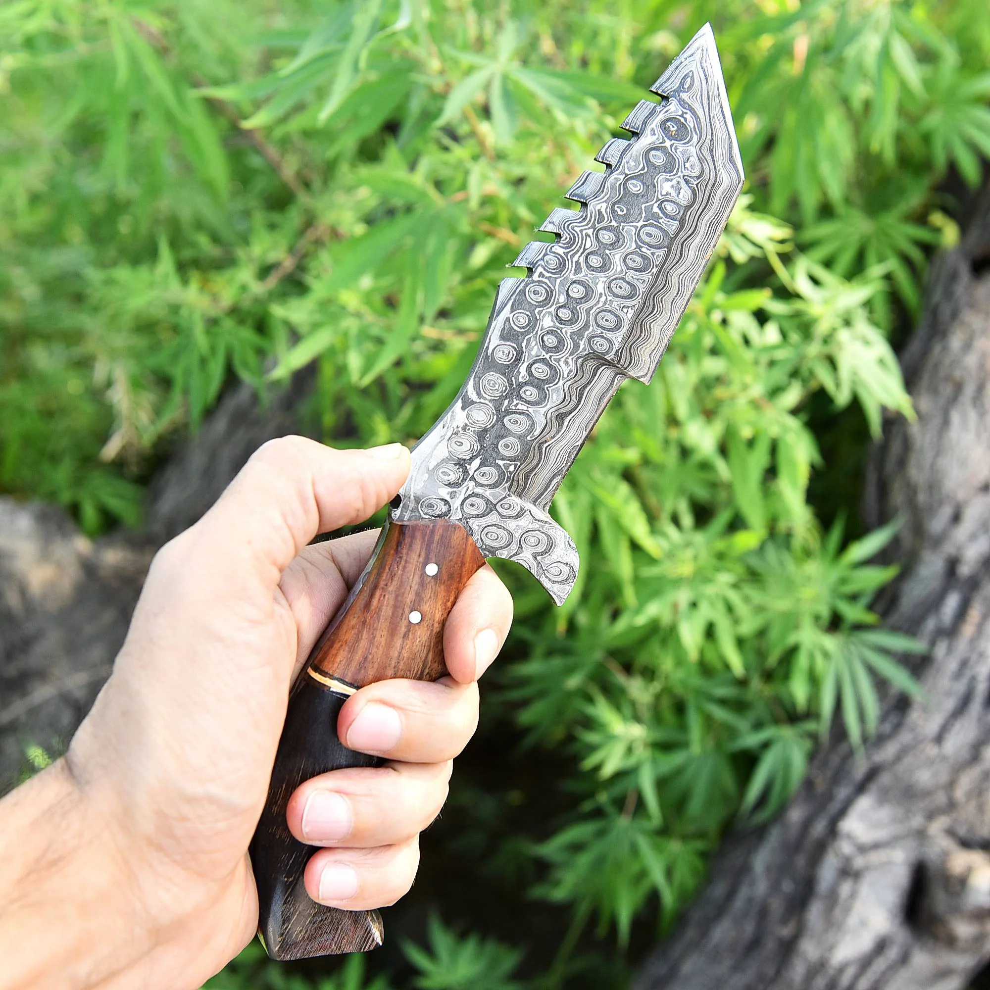 Custom Handmade Forged Damascus Steel Fixed Tanto Hunting Survival Tracker knife- Ram Horn & Wood Handle - Image 3