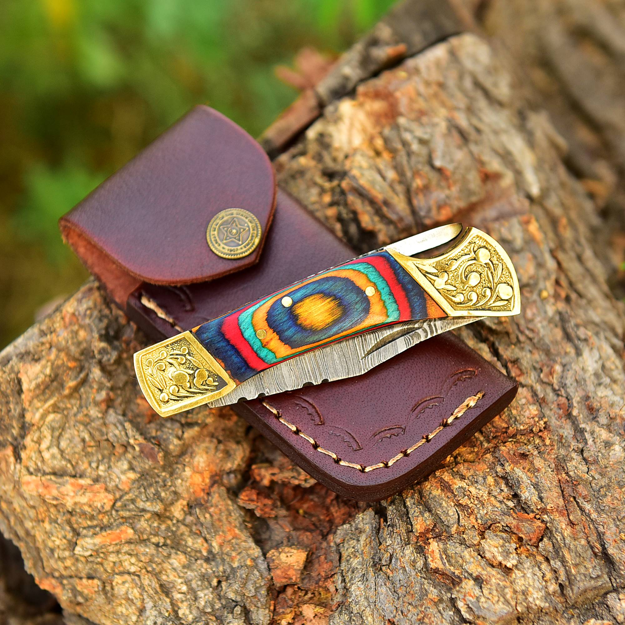 Customs Hand Made Damascus Steel Hunting Folding Knife Brass Bolster With Colored Wood Handle - Image 5