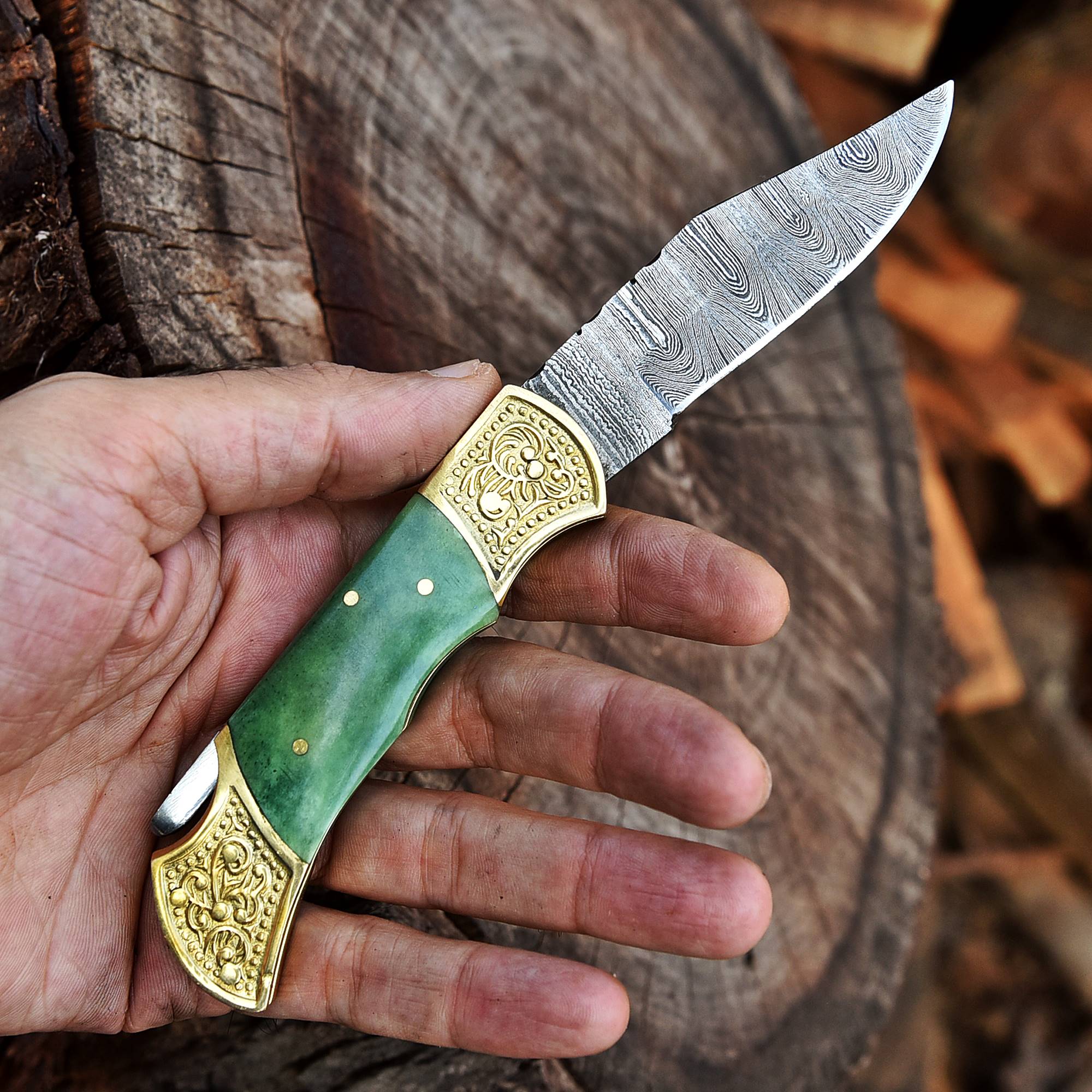 Customs Hand Made Damascus Steel Hunting Folding Knife Engraved Brass Bolster-Colored Bone Handle - Image 3