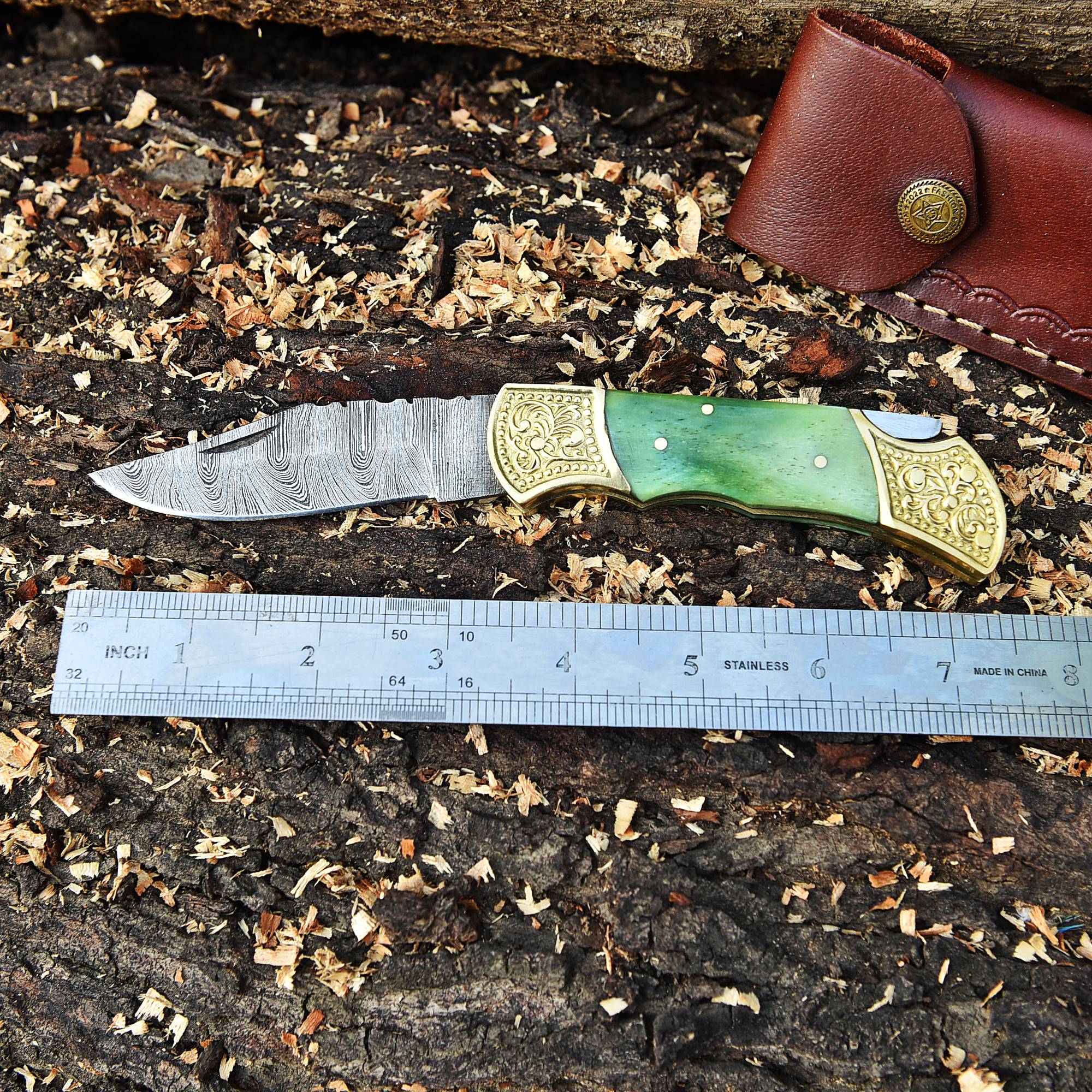 Customs Hand Made Damascus Steel Hunting Folding Knife Engraved Brass Bolster-Colored Bone Handle - Image 4