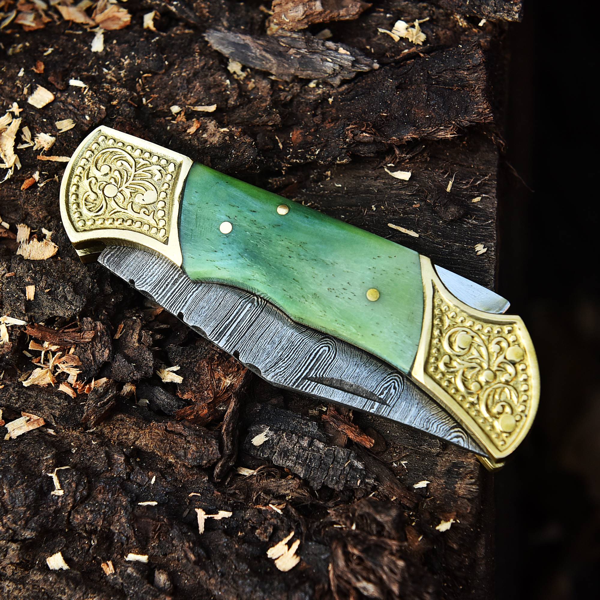 Customs Hand Made Damascus Steel Hunting Folding Knife Engraved Brass Bolster-Colored Bone Handle - Image 5