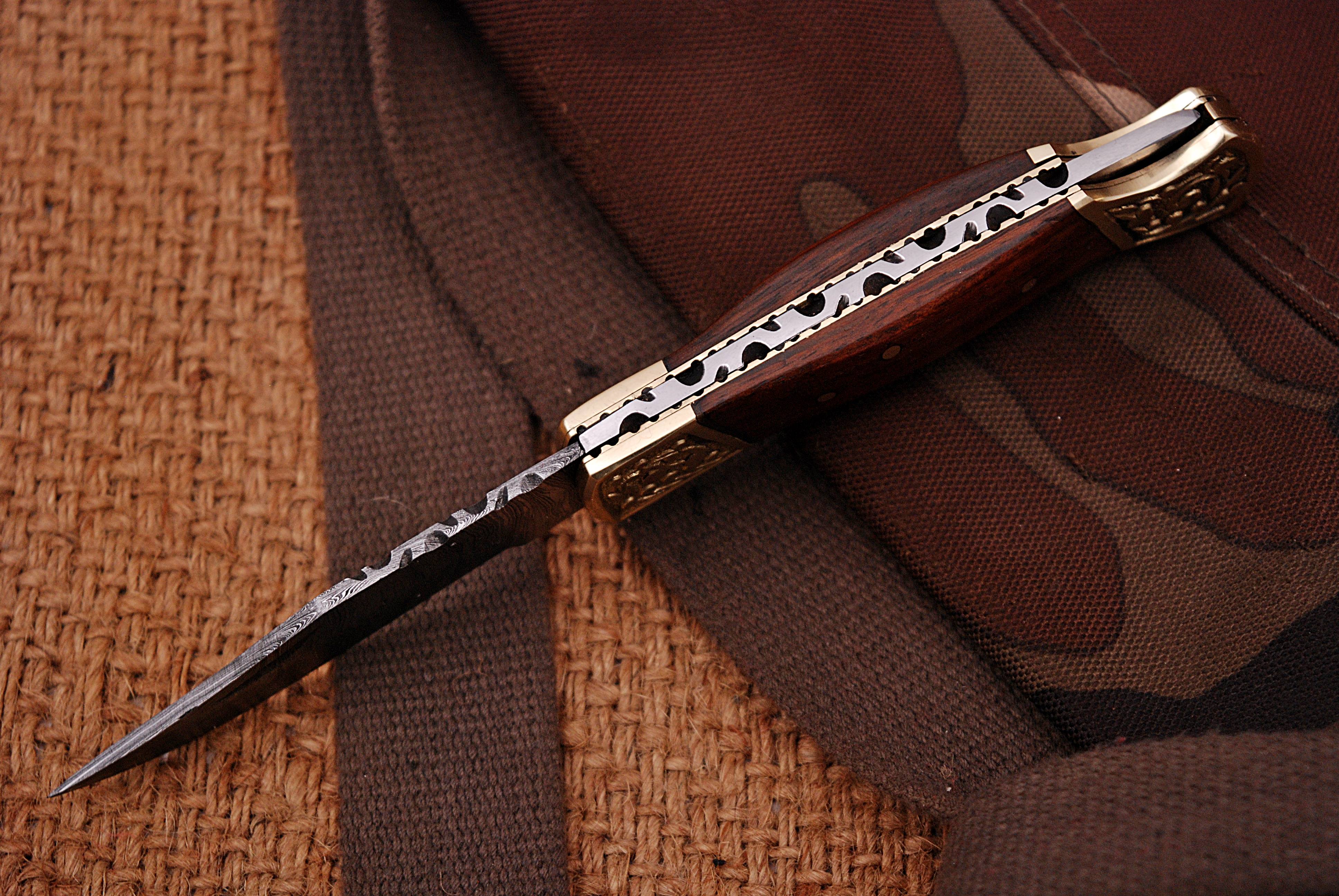 Customs Hand Made Damascus Steel Hunting Folding Knife Engraved Brass Bolster With Wood Handle - Image 4